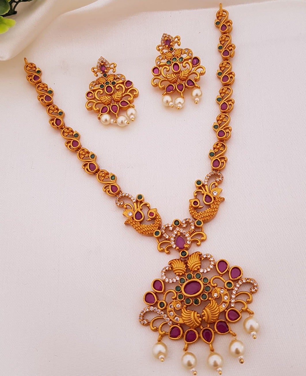 Premium brass based Necklace set ruby emerald stones 5715N