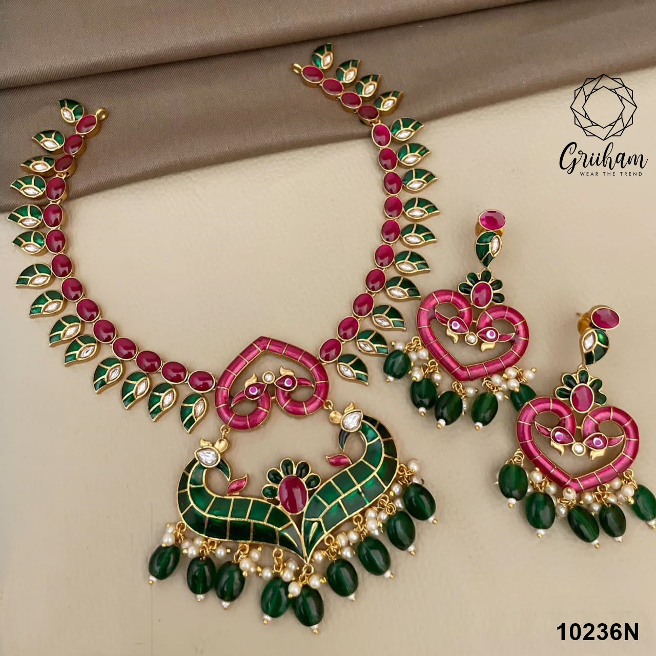 Premium collection Real kempu and emerald necklace set 10236N
