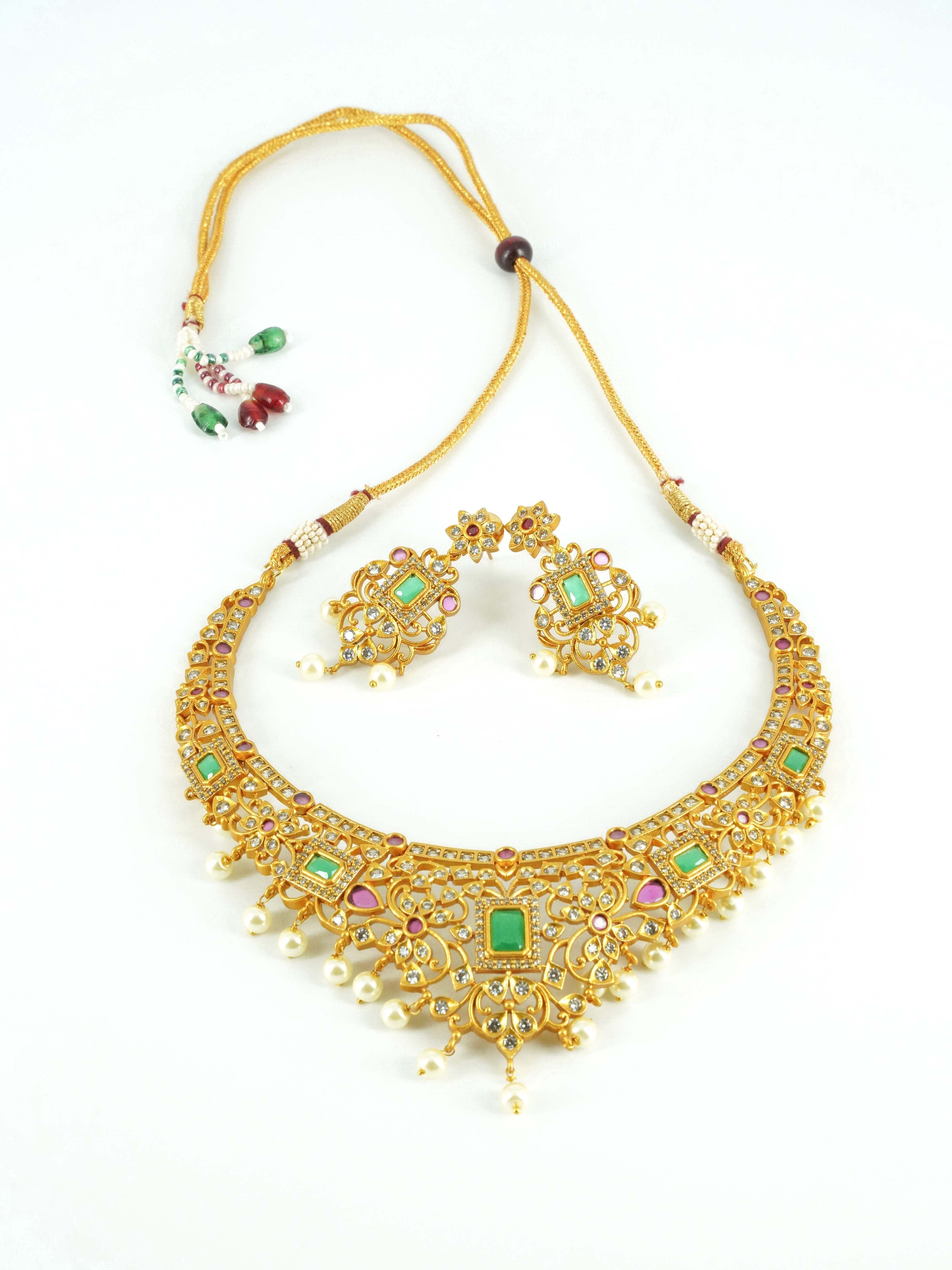 Premium gold finish Kasu LaxmiShort necklace set with colored kempu stones 9407N