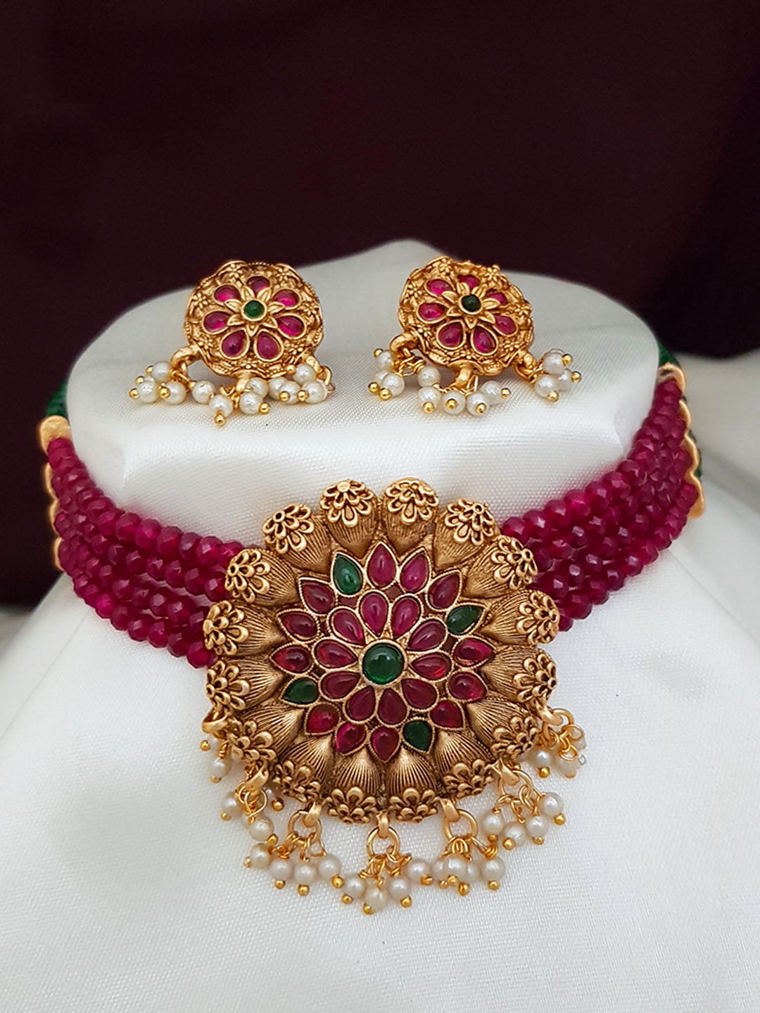 Premium multicolor floral choker set 7819N-Necklace Set-Kanakam-Red-Griiham