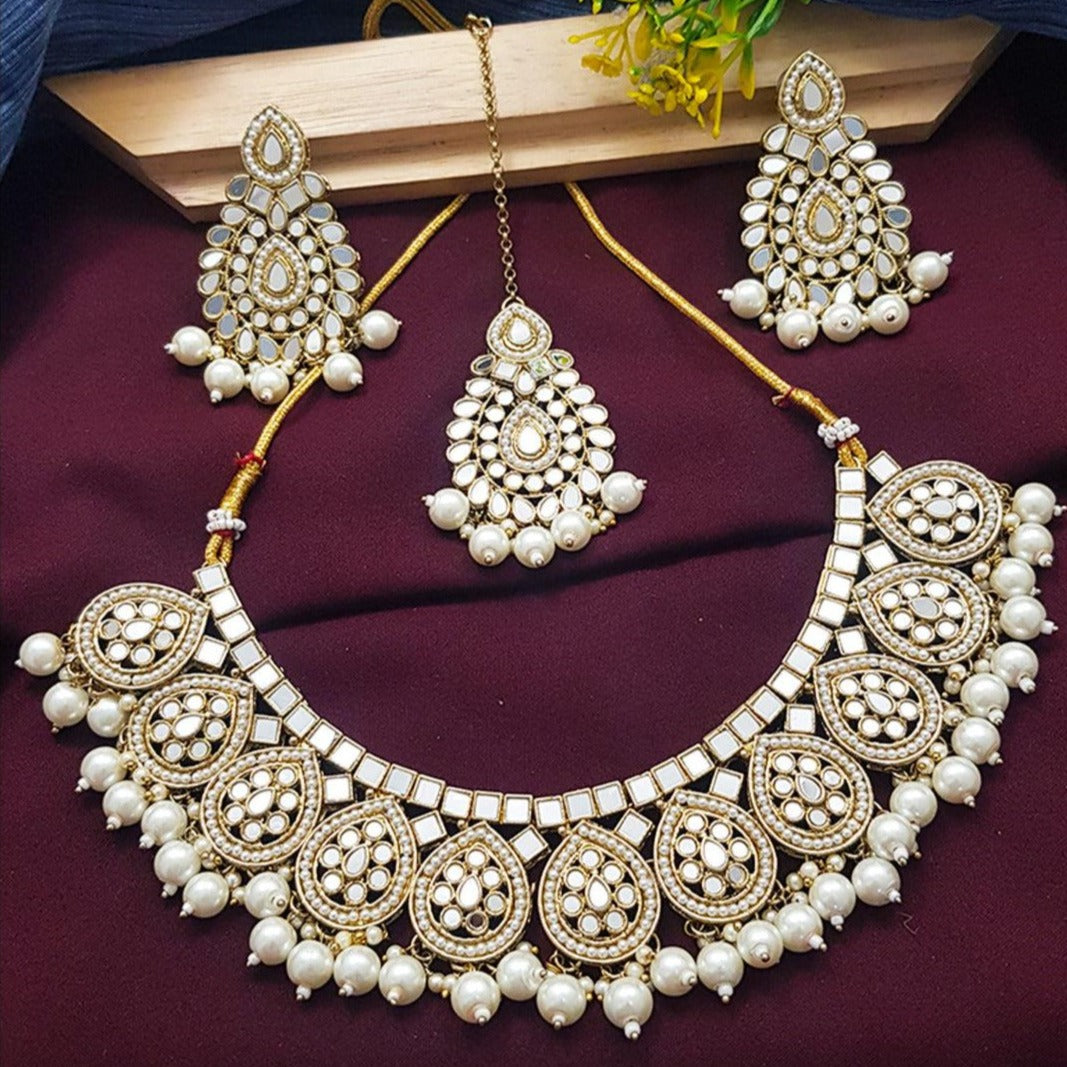 Premium quality Mirror Jewellery Necklace set with Maang Tikka 8243N-Necklace Set-Griiham-Griiham