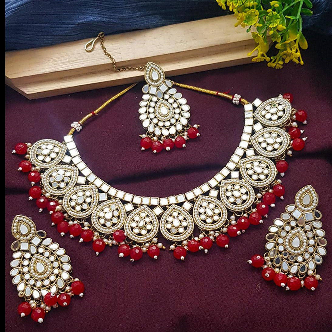 Premium quality Mirror Jewellery Necklace set with Maang Tikka 8245N-Necklace Set-Griiham-Griiham