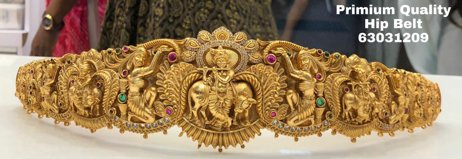 Real unpolished stones Krishna Radha Kempu ruby/emerald in gold antique finish Vadanam/Vodiannam/waistbelt 10503N