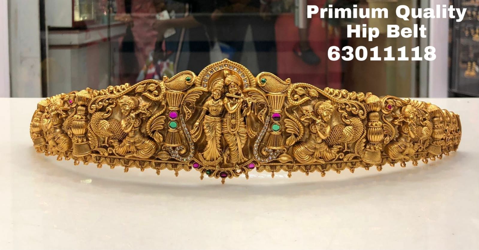 Real unpolished stones Krishna Radha Kempu ruby/emerald in gold antique finish Vadanam/Vodiannam/waistbelt 10504N