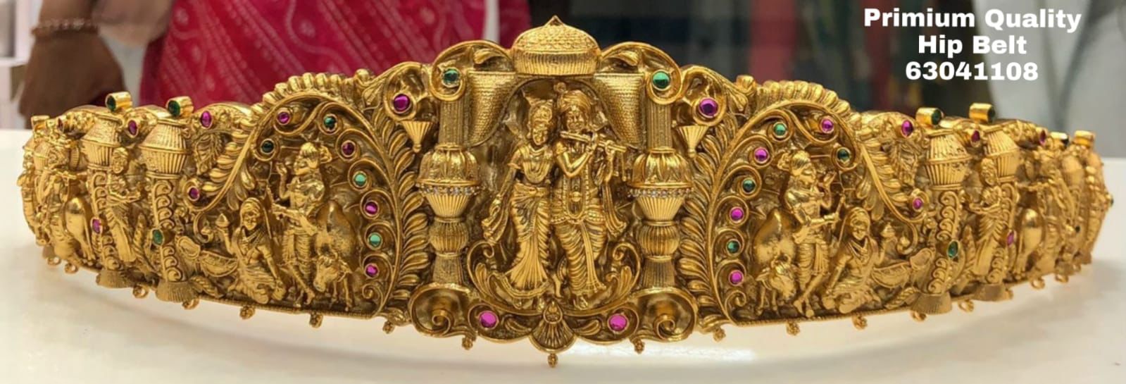 Real unpolished stones Krishna Radha Kempu ruby/emerald in gold antique finish Vadanam/Vodiannam/waistbelt 10505N