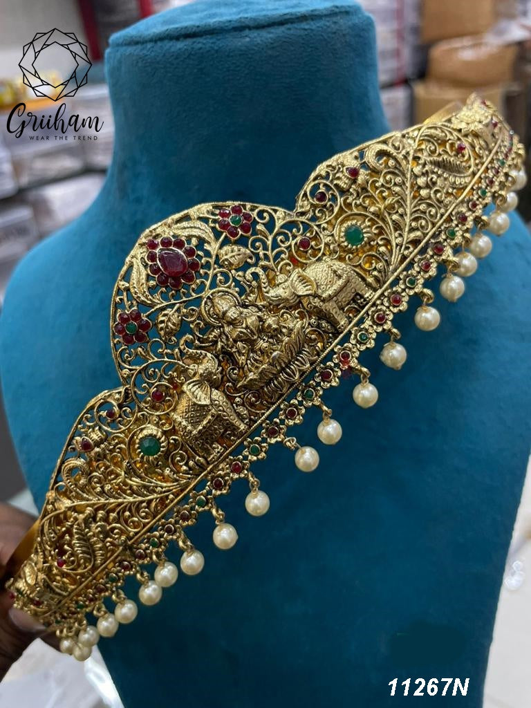 Real unpolished stones Laxmi ruby/emerald in gold antique finish Vadanam/Vodiannam/waistbelt 11267N