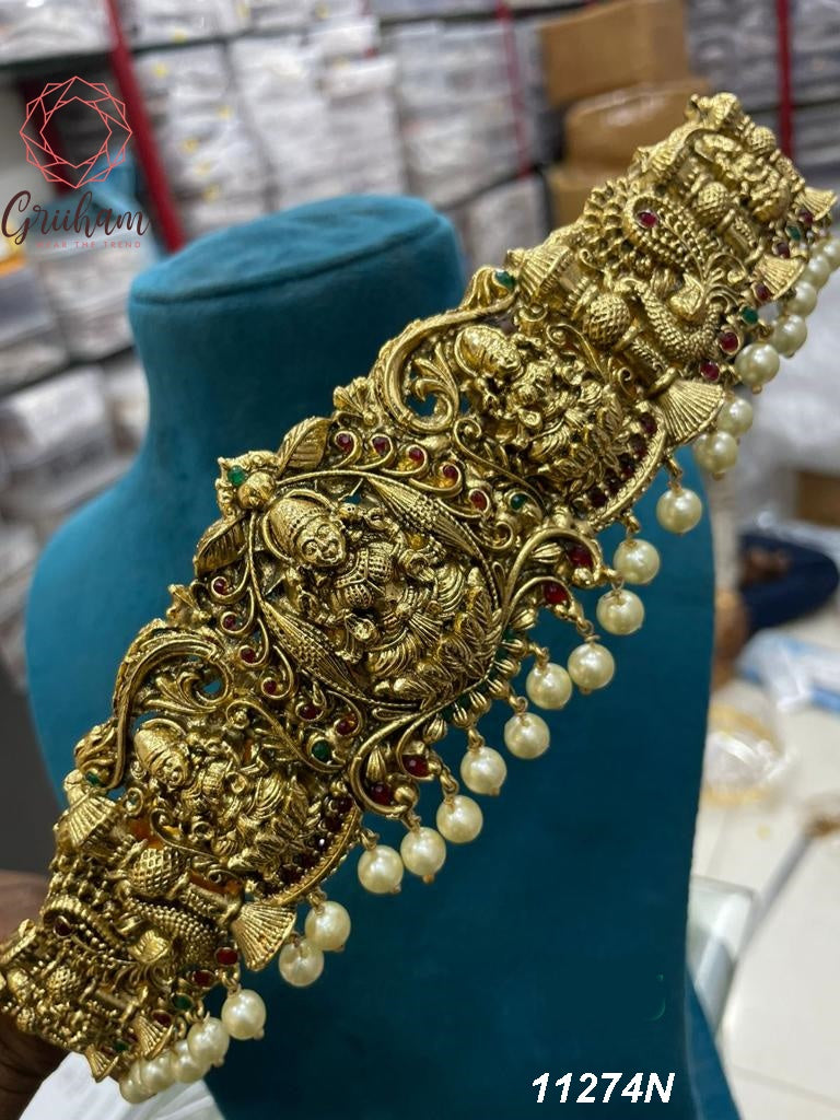 Real unpolished stones Laxmi ruby/emerald in gold antique finish Vadanam/Vodiannam/waistbelt 11274N