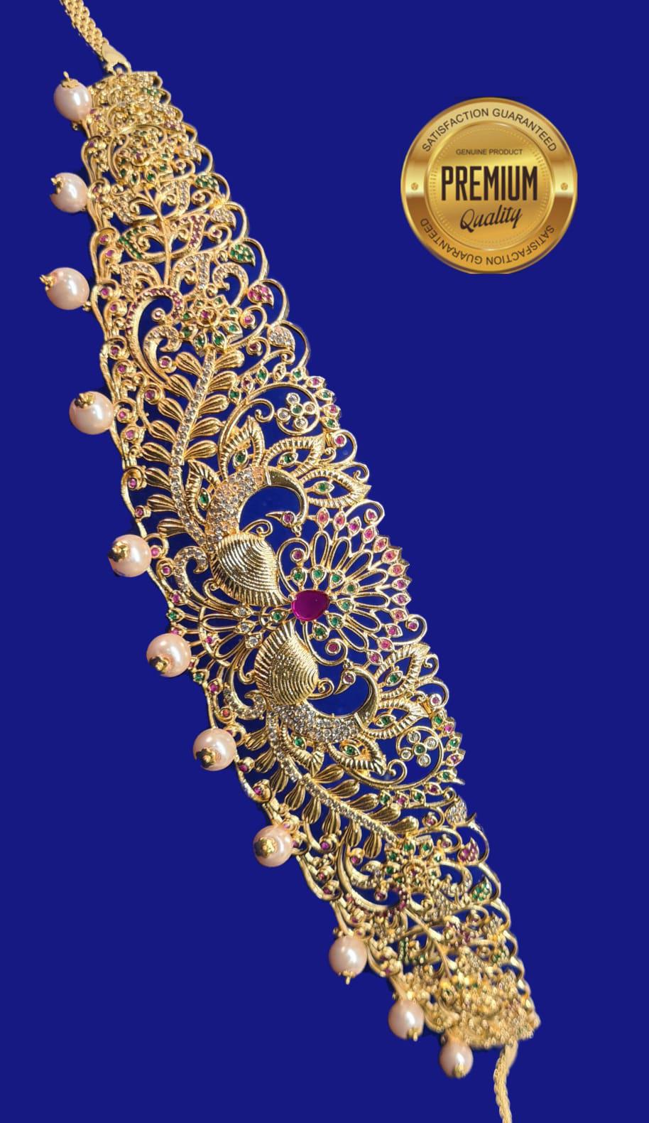 Real unpolished stones ruby/emerald in gold antique finish Vadanam/Vodiannam/waistbelt Flexible waist size 9071N-Waist belt-Griiham-Griiham