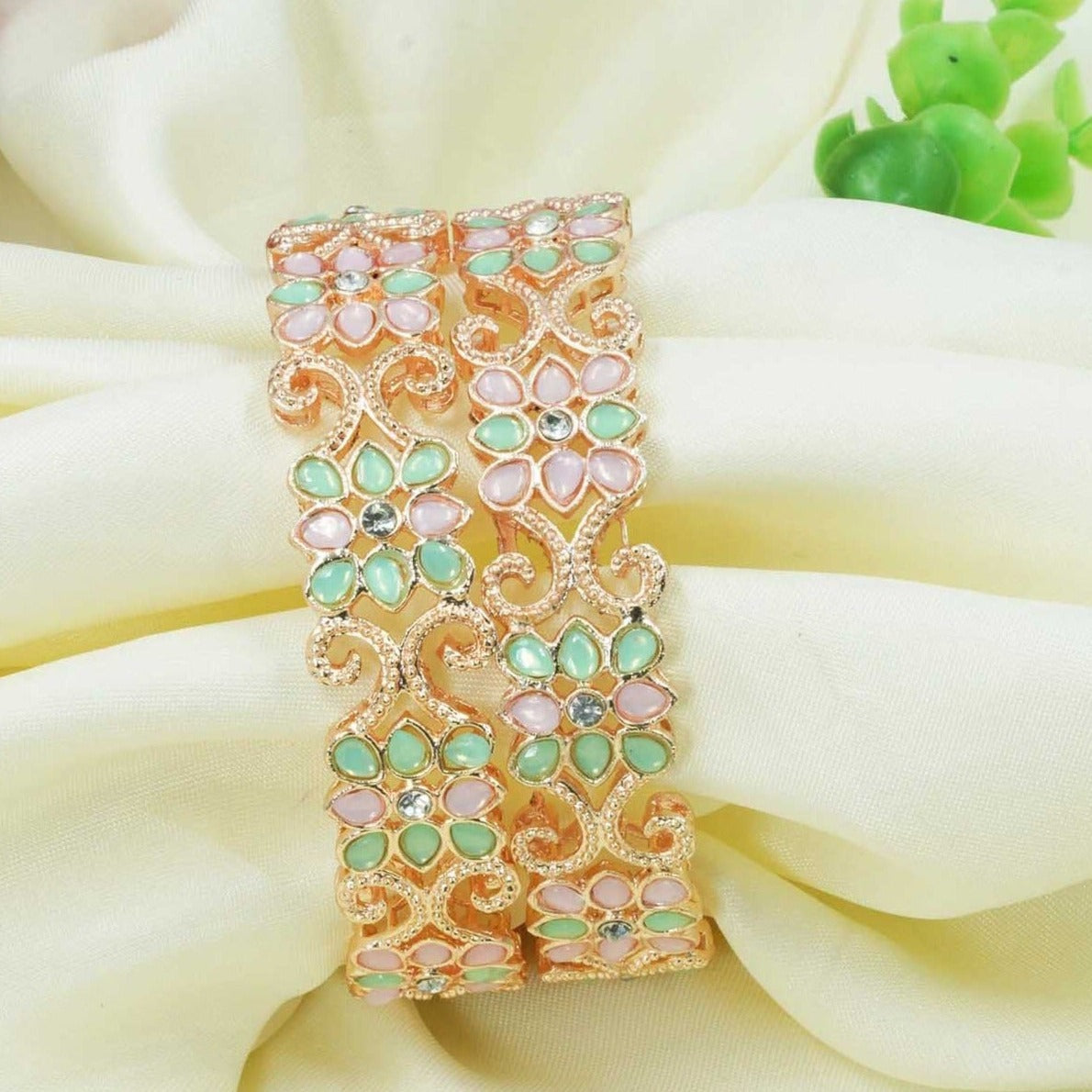 Rose Gold Plated Set of 2 designer Bangles with Mint Green and Mint Pink Color  9336B