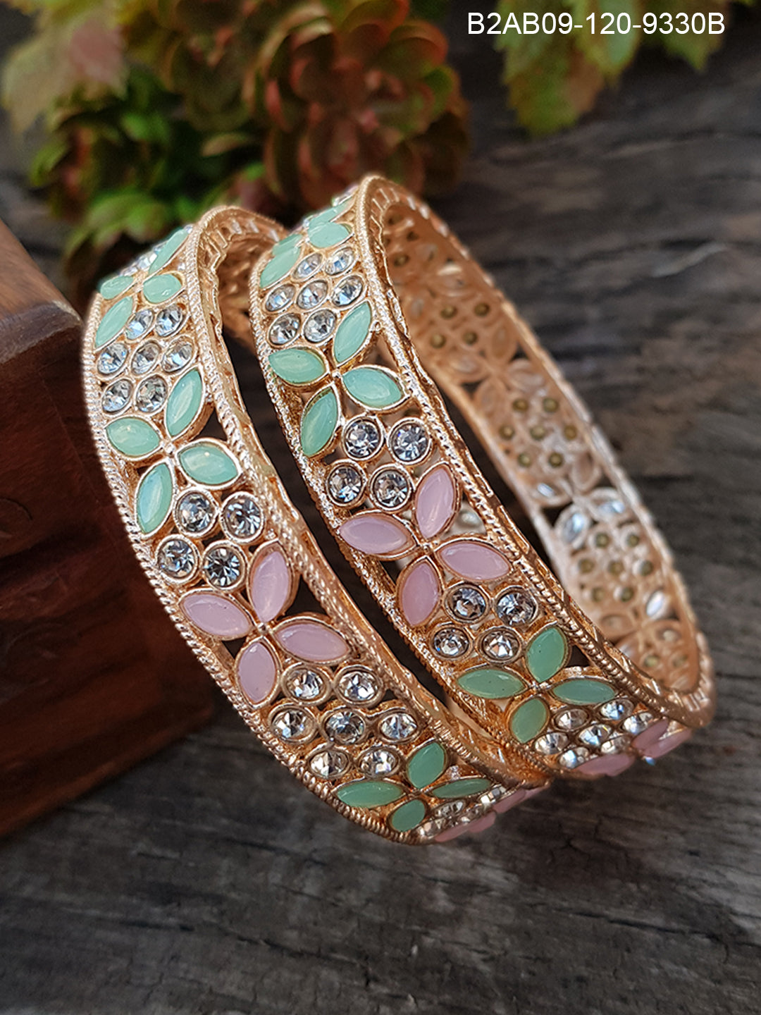 Rose Gold Plated Set of 2 designer Bangles with Mint Green and Mint Pink Color9331C