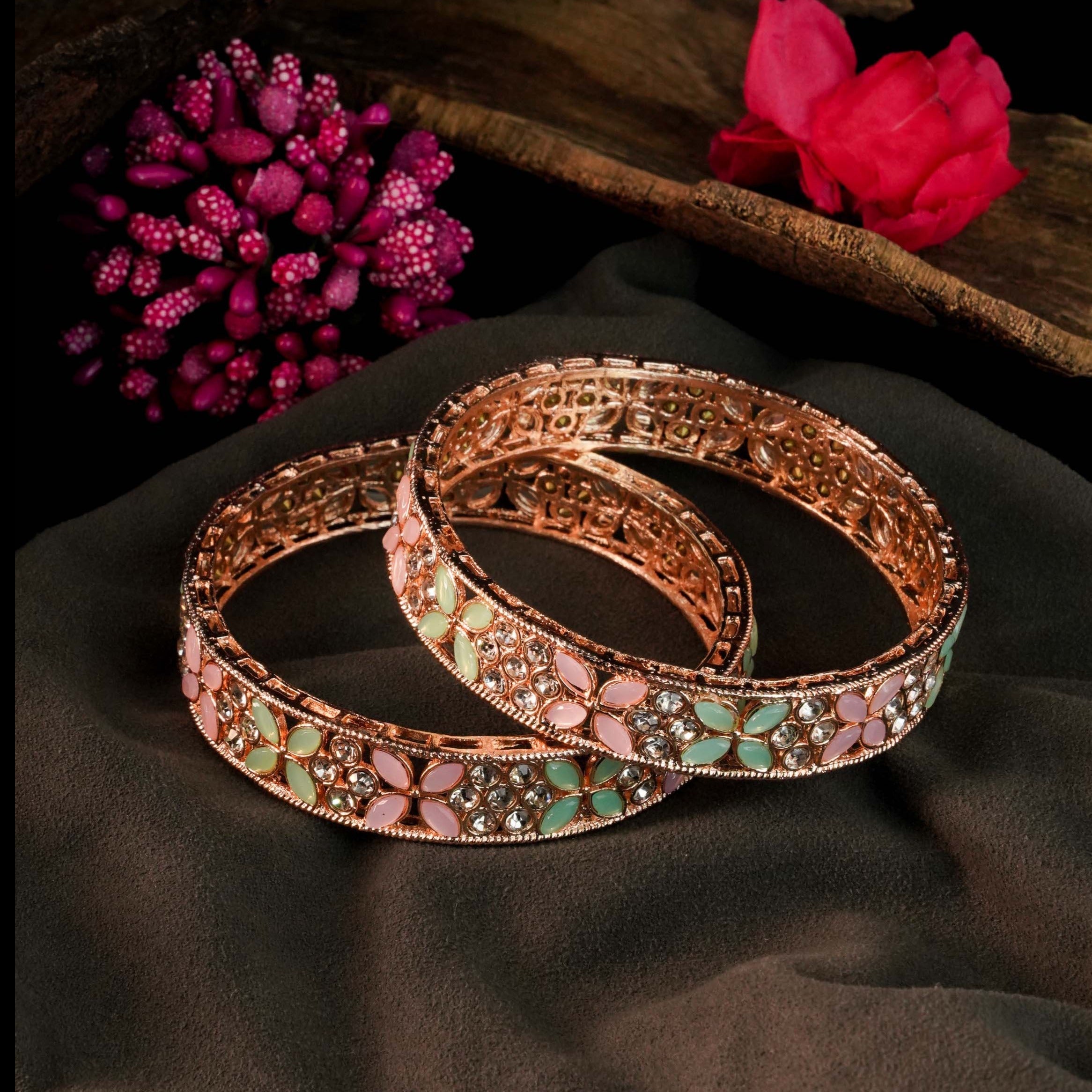 Rose Gold Plated Set of 2 designer Bangles with Mint Green and Mint Pink Color9331C