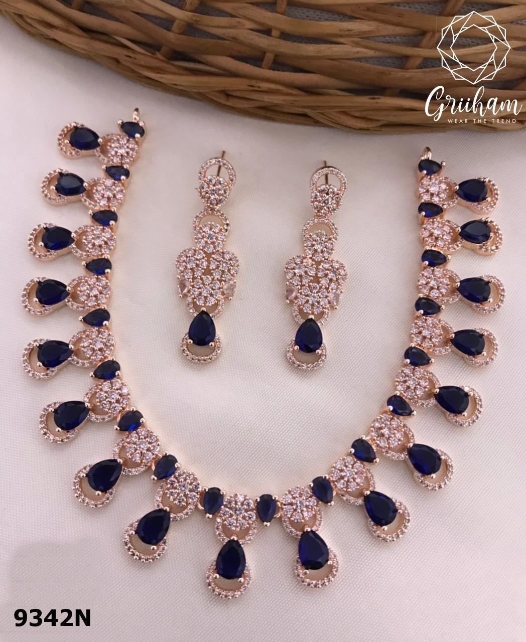 Rose Gold finish Evergreen Trending designs with Bluestones Short AD necklace set 9342n-Necklace Set-Kanakam-Griiham