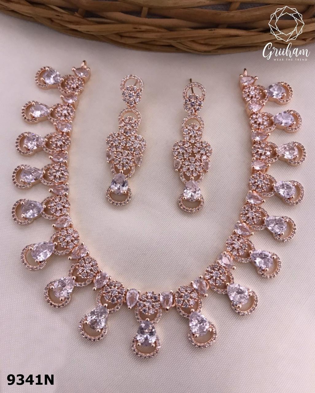 Rose Gold finish Evergreen Trending designs with white stones Short AD necklace set 9341n-Necklace Set-Kanakam-Griiham