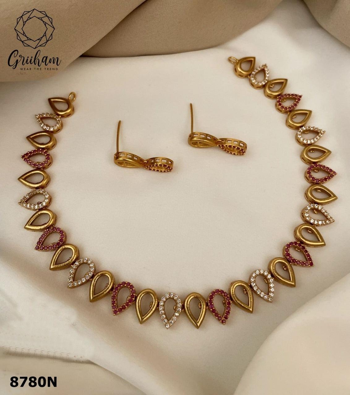Sayara Collection Modern design CZ and red stone Party Wear Necklace Set 8780N-Necklace Set-season end sale item-Griiham