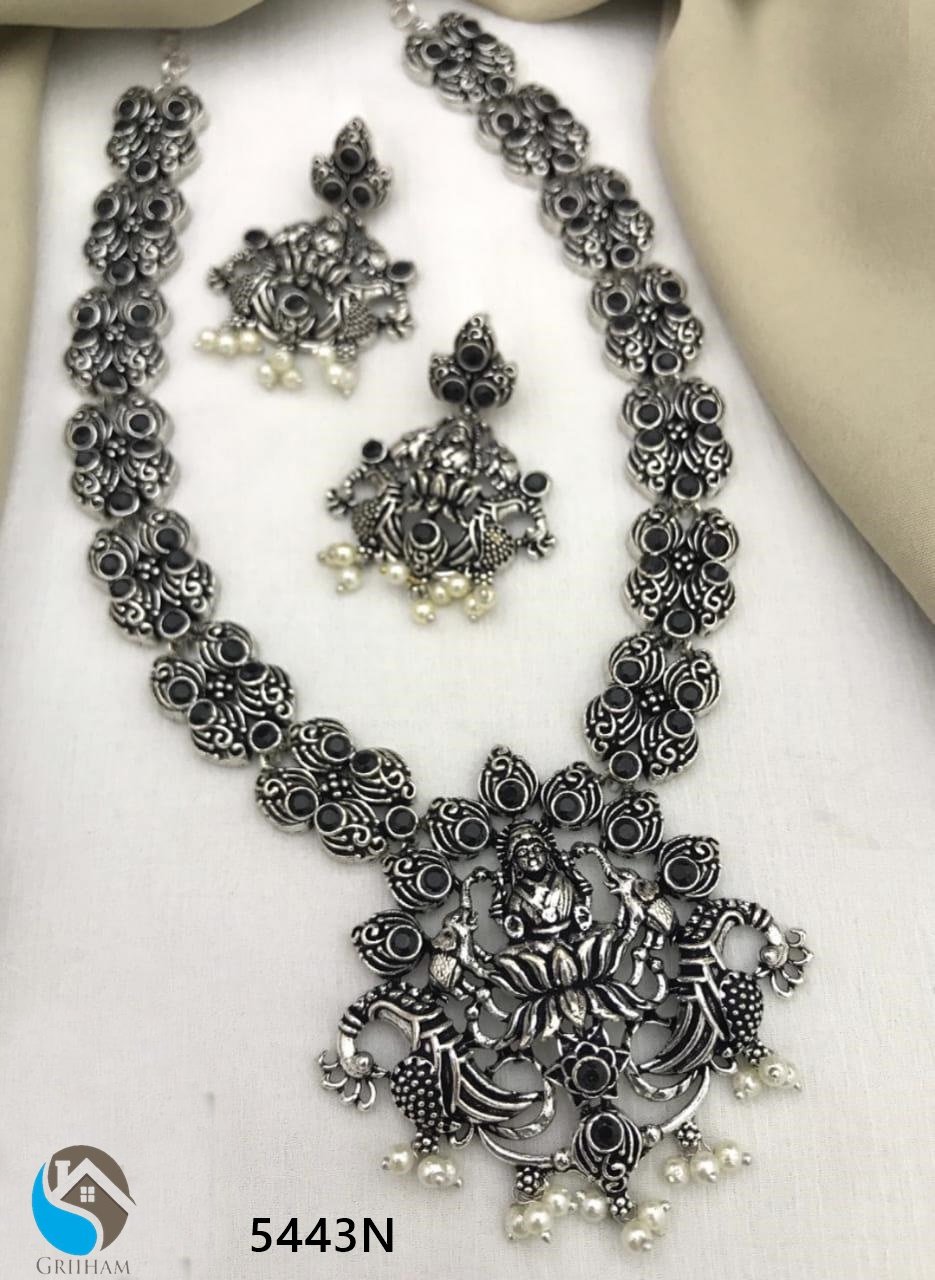 Silver Oxidised Best Seller Long Laxmi Hara with Black AD Stone Necklace set 5443N