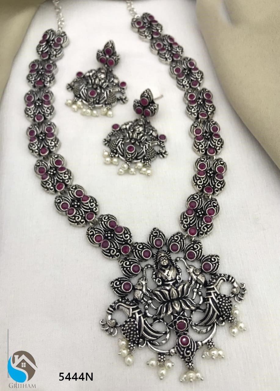 Silver Oxidised Best Seller Long Laxmi Hara with Red AD Stone Necklace set 5444N