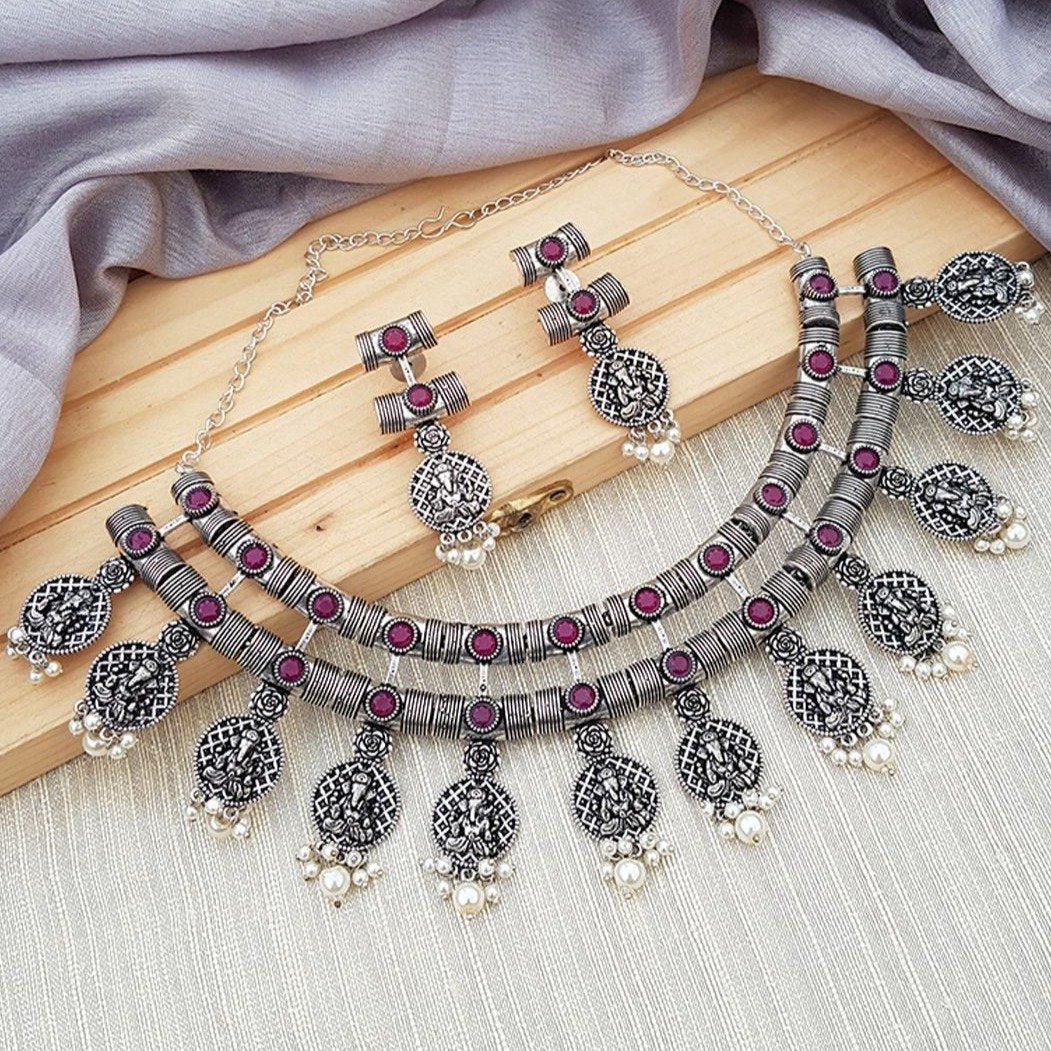 Silver Oxidised Contemporary Design short Necklace set with Ruby red stones for all occasions Any Attire 5141N
