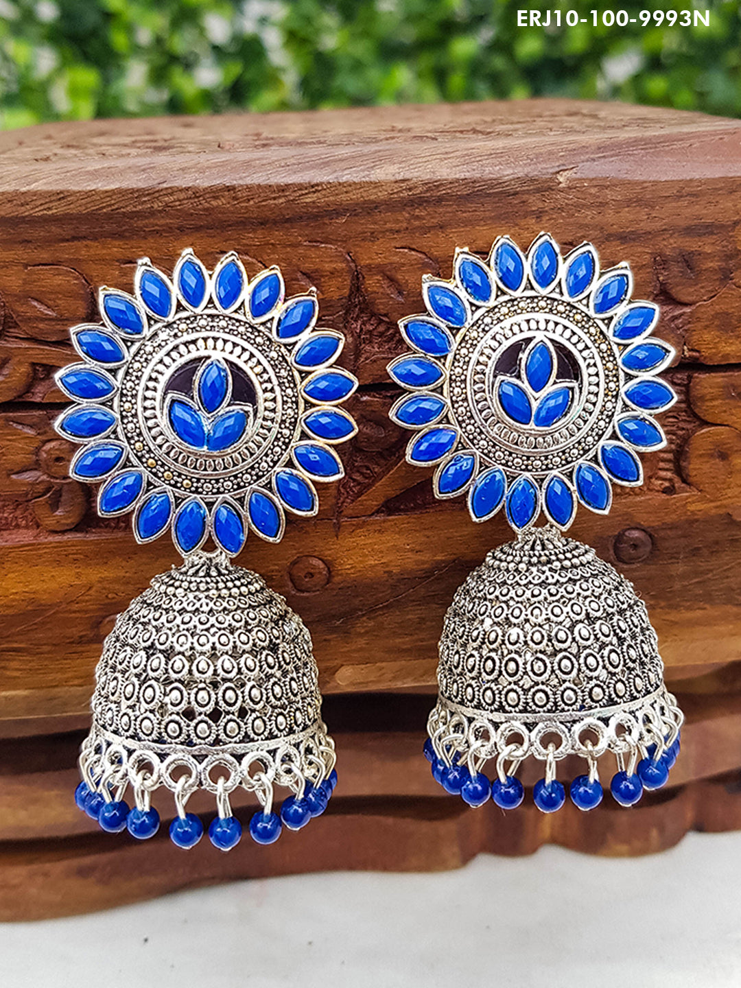 Silver Oxidised Designer Blue stone Studded earrings / Jumkis 9993N