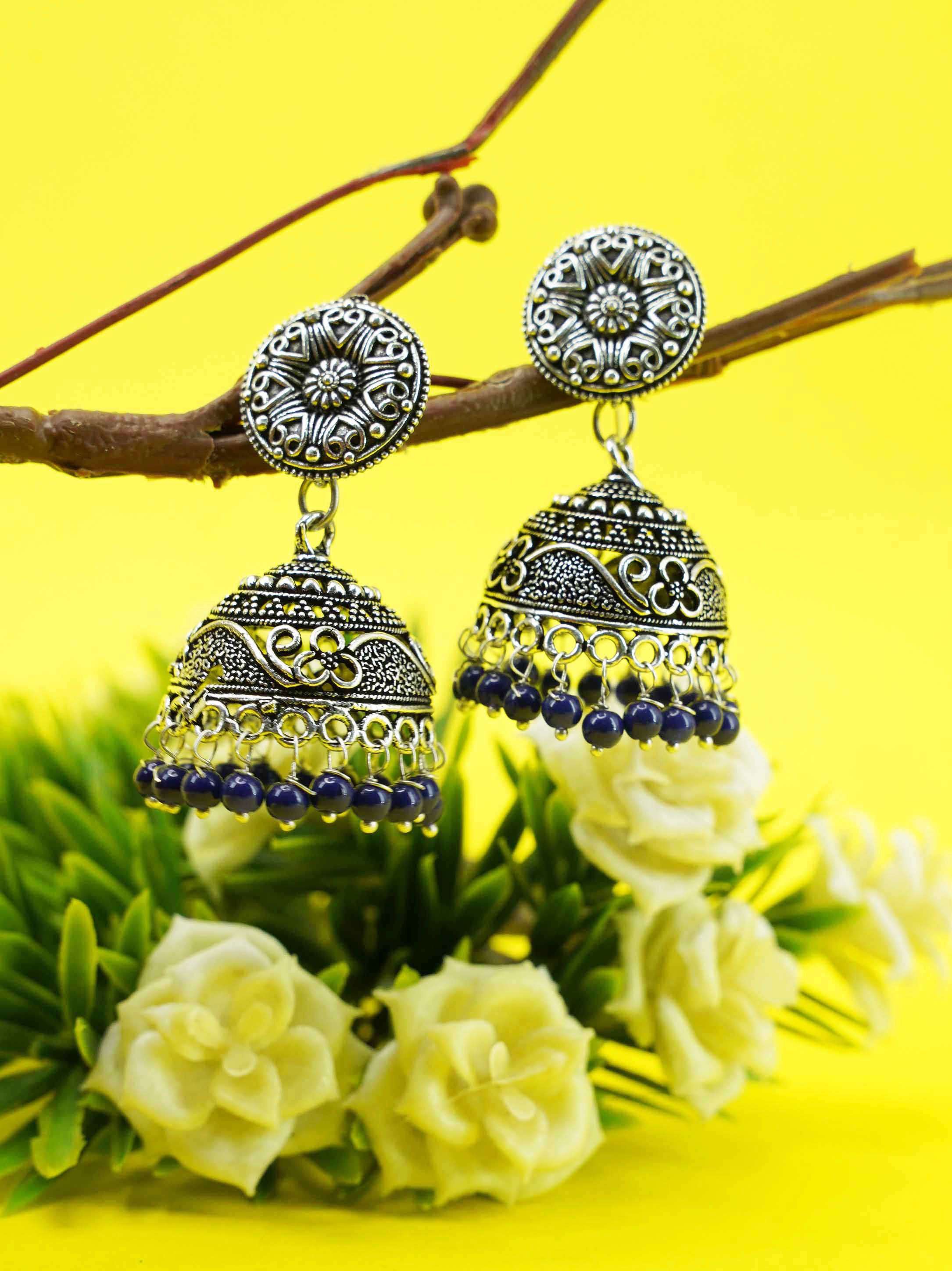 Silver Oxidised Exclusive Design Jhumkis / Earrings with different color options 9746N