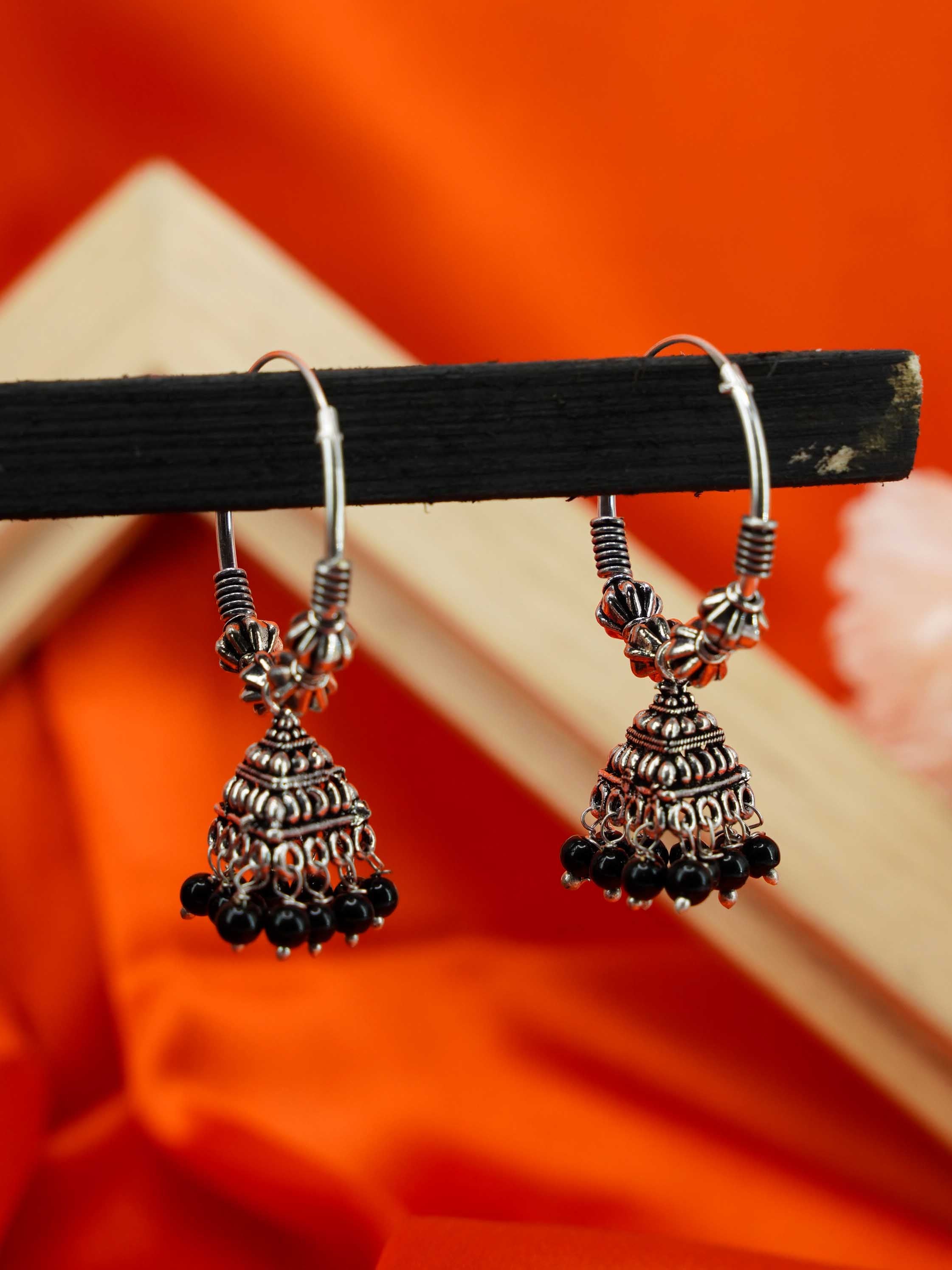 Silver Oxidised Exclusive Design Jhumkis / Earrings with different color options 9757N