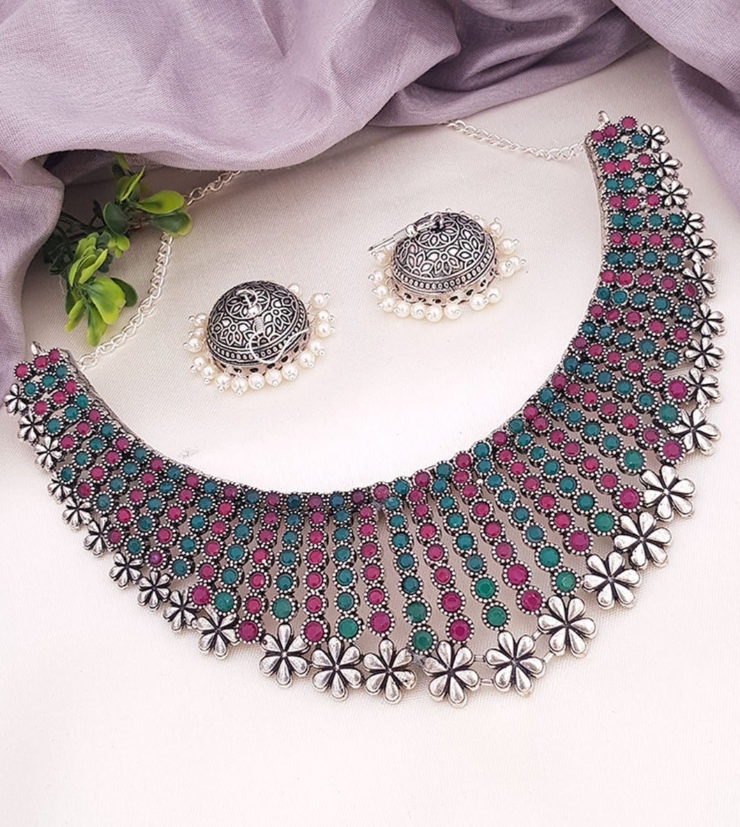 Silver Oxidised Jewelry Choker Necklace set with Multi Colour Stones 5152N