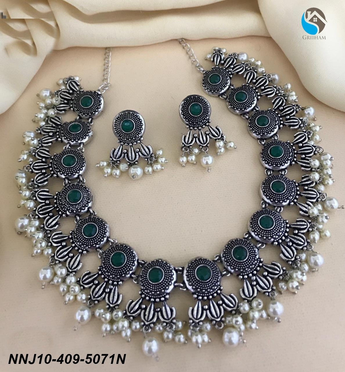 Silver Oxidised Jewelry with Green Stones 5071N