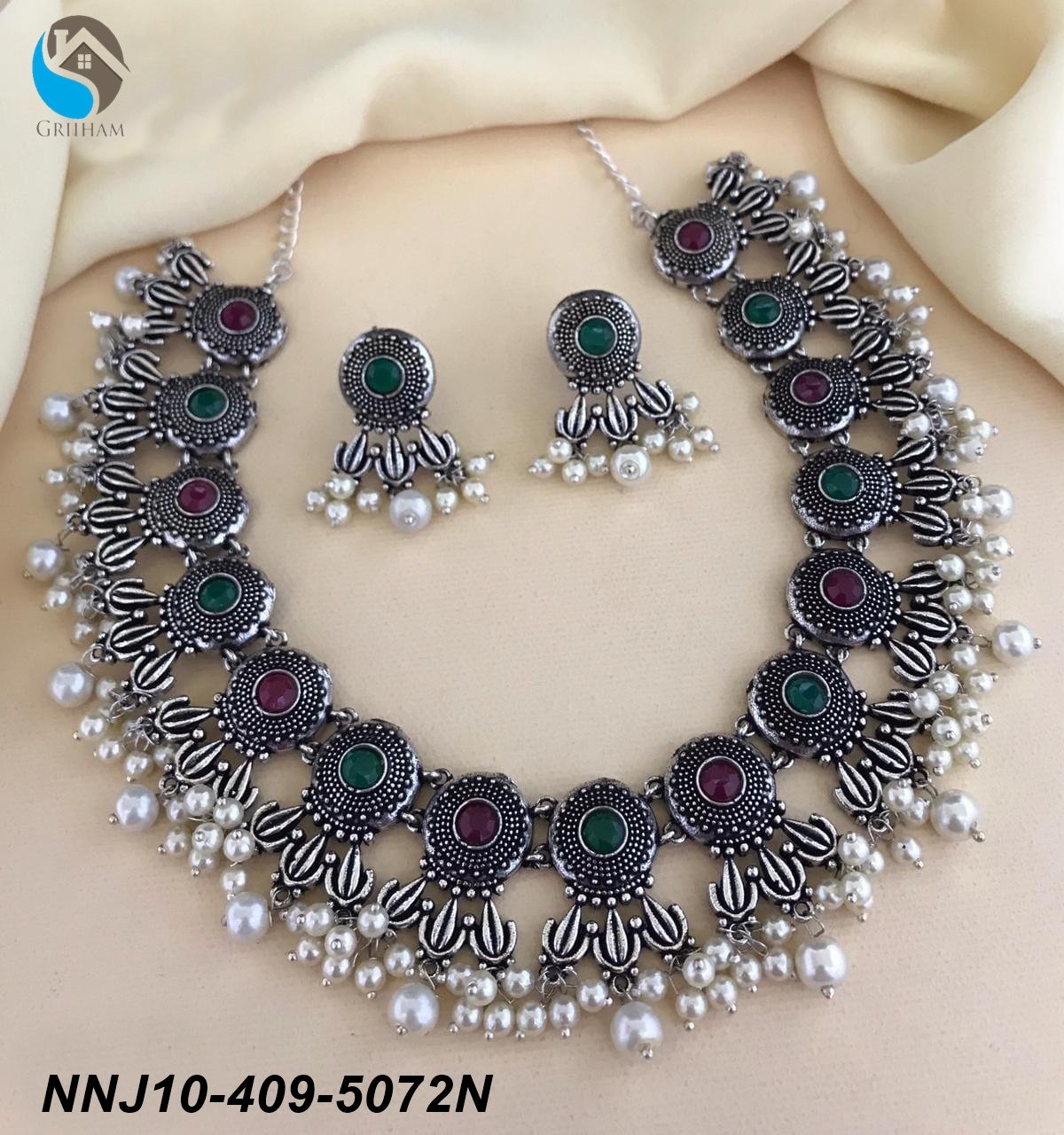 Silver Oxidised Jewelry with Red Green Stones 5072N