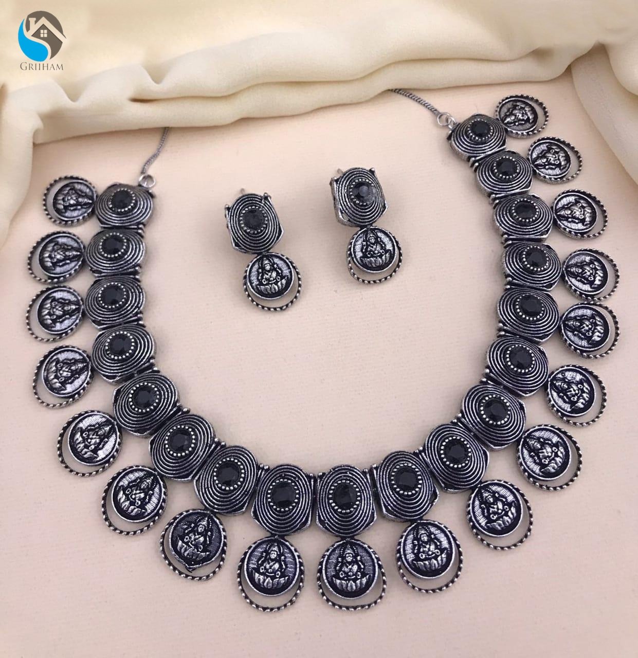 Silver Oxidised Laxmi Jewelry with Black Colour Stones Modern concept NNJ10-311-5186N