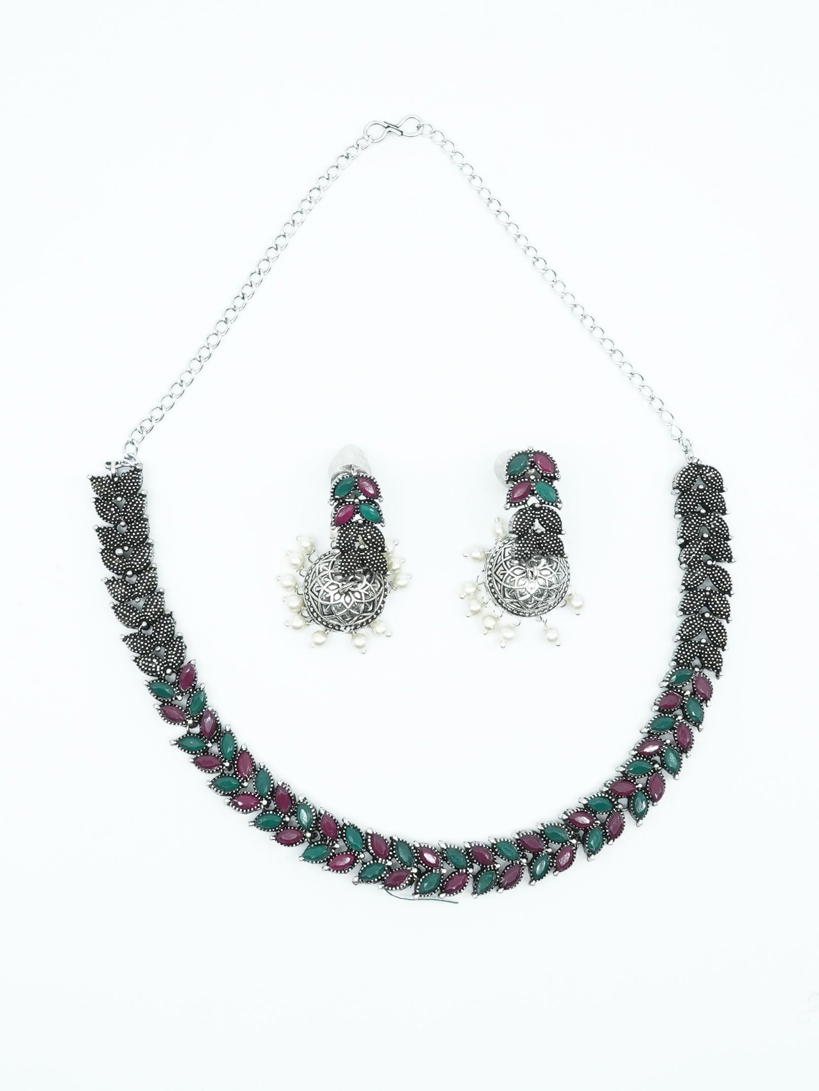 Silver Oxidised Medium Size Designer Necklace Set for special occasion 10668N