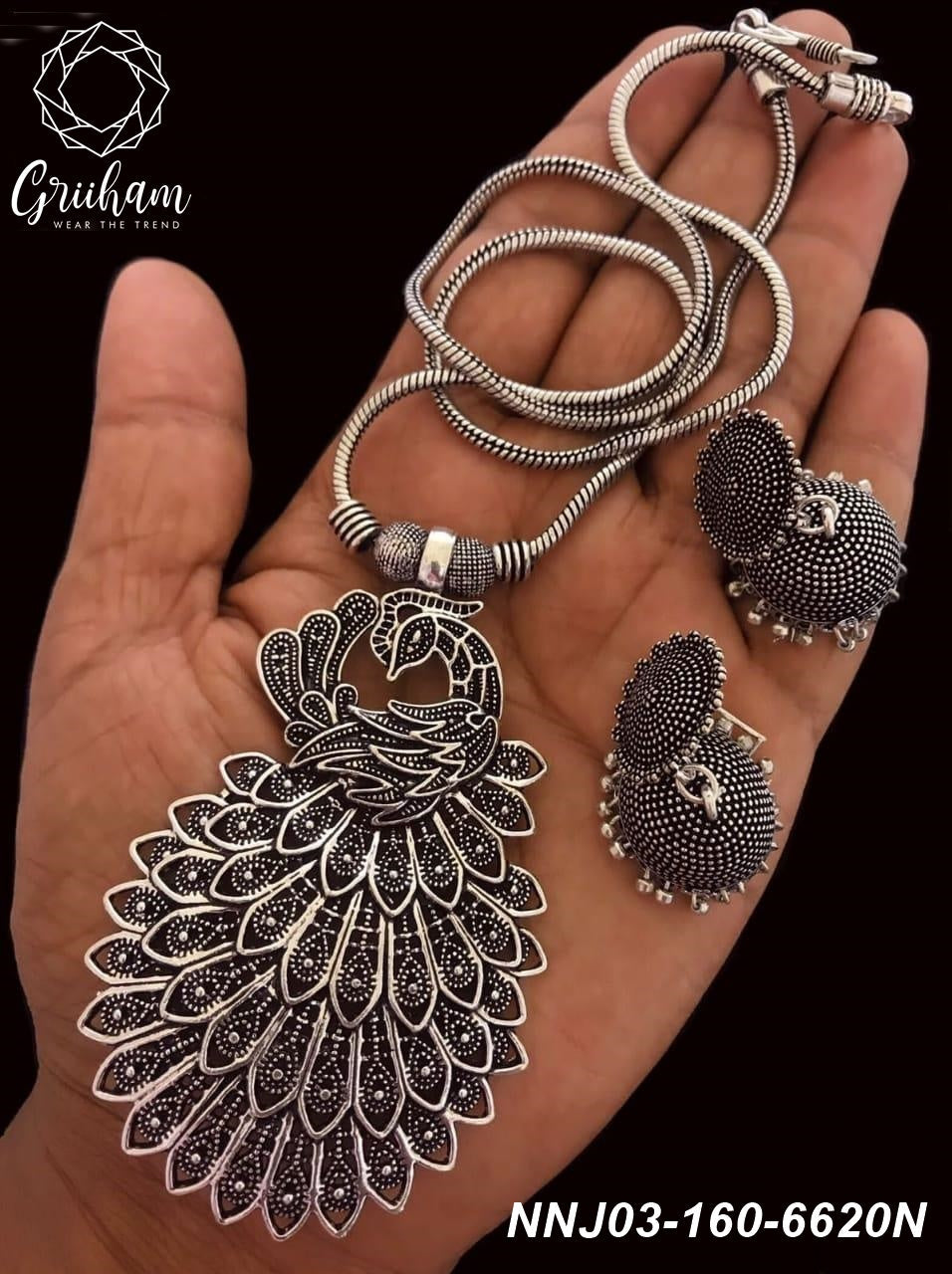 Silver Oxidised Modern Peacock design Set for all occasions Any Attire 6620N
