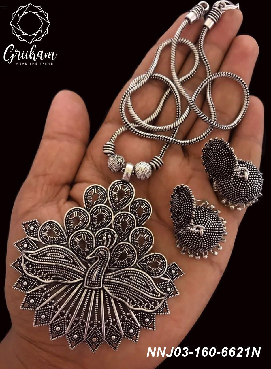 Silver Oxidised Modern Peacock design Set for all occasions Any Attire 6621N