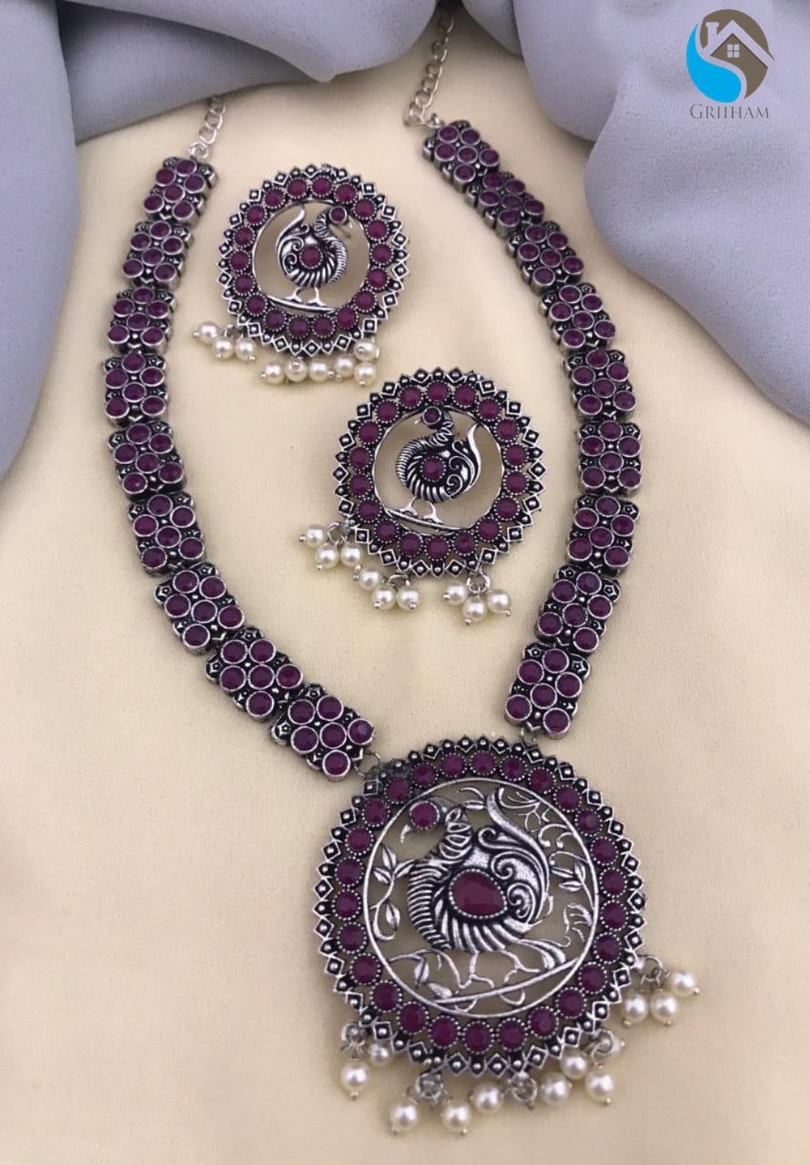 Silver Oxidised Peacock Jewelry With Maroon Colour Stones Modern concept NNJ10-267-5192N