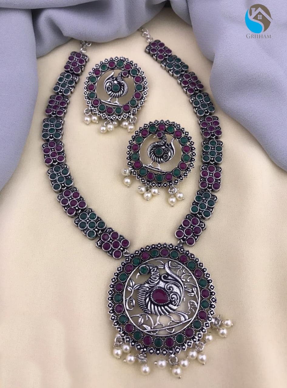 Silver Oxidised Peacock Jewelry With Multi Colour Stones Modern concept NNJ10-267-5193N