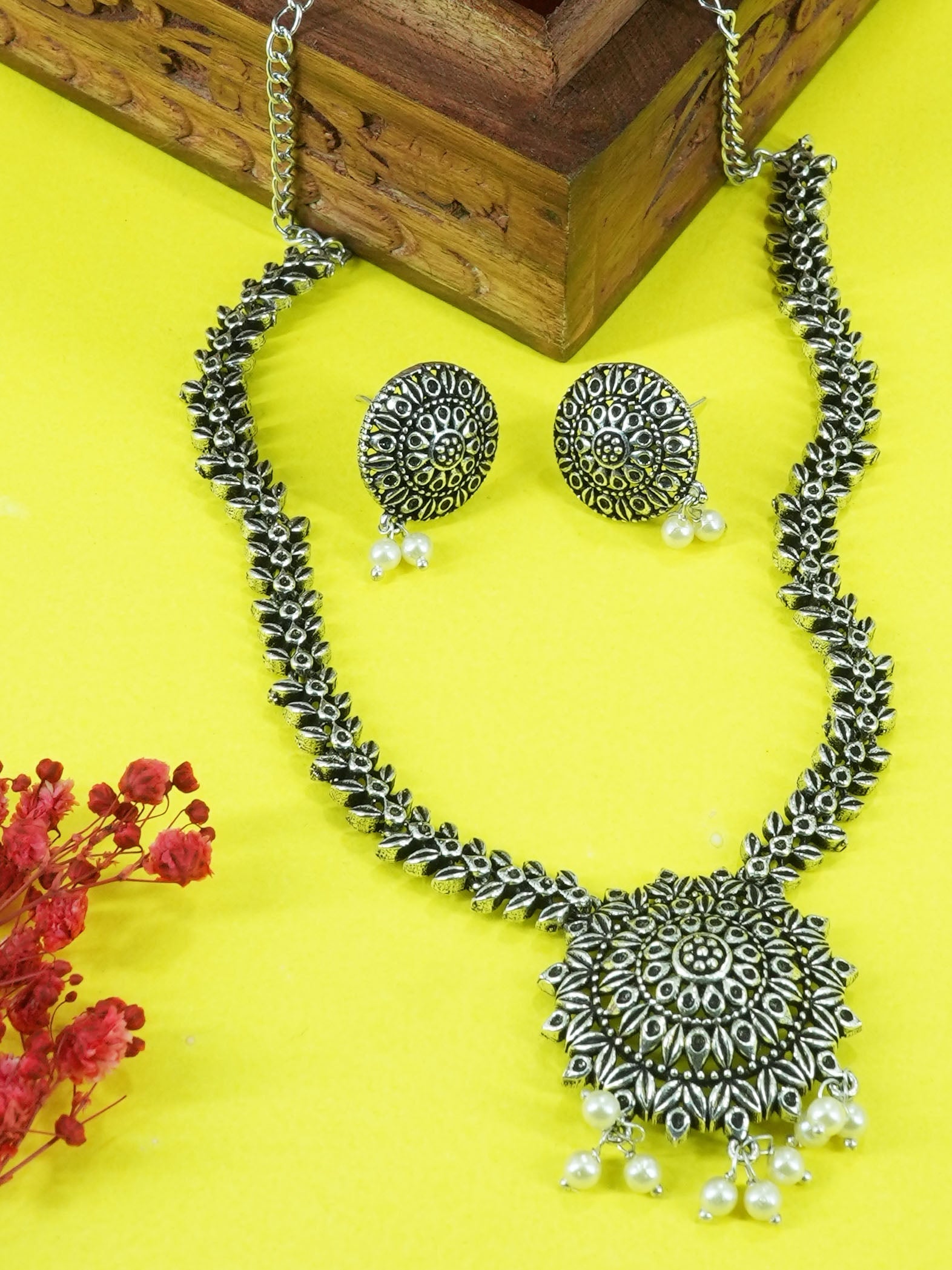 Silver Oxidised Simple Designer Necklace Set for special occasion 10761N