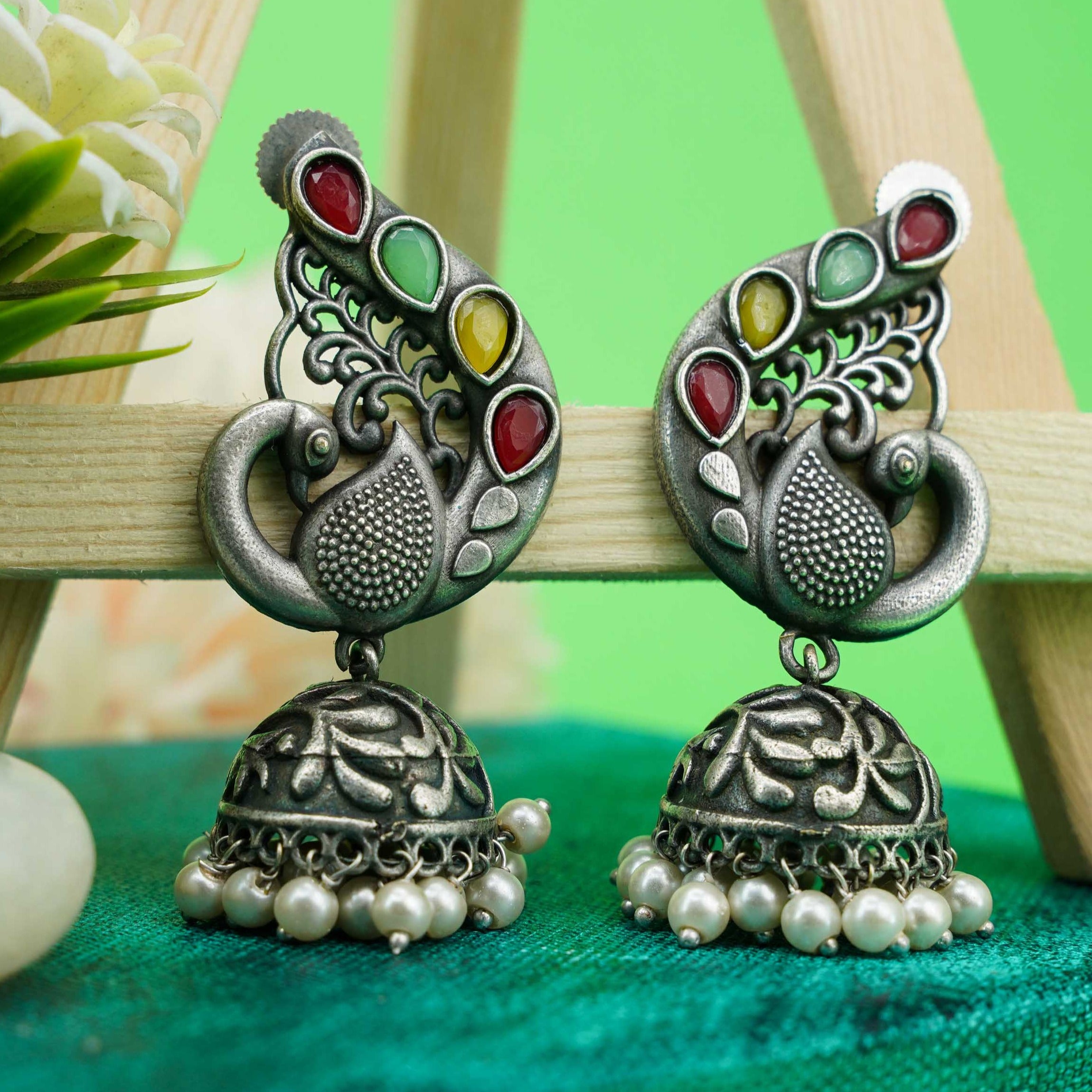 Silver Oxidised designer Peacock Jhumkis / Earrings 9735N