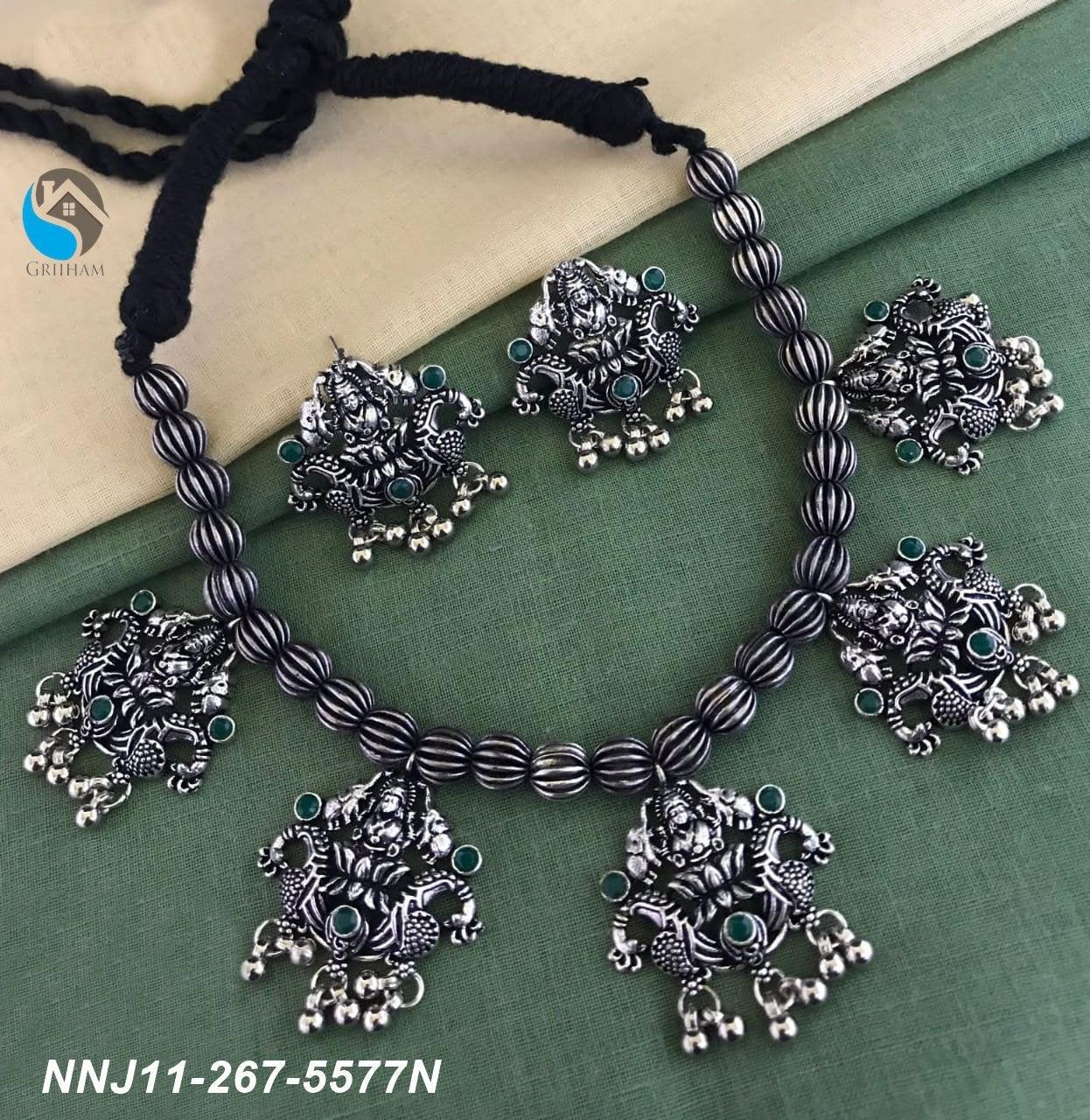 Silver Oxidised necklace set with green stones 5577N