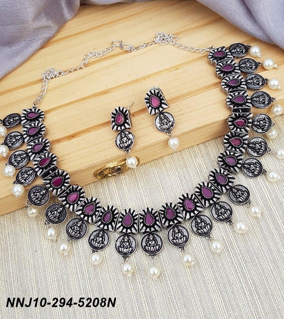 Silver Oxidised short Necklace set with Champaign Redcolour stones for all occasions Any Attire NNJ10-294-5208N