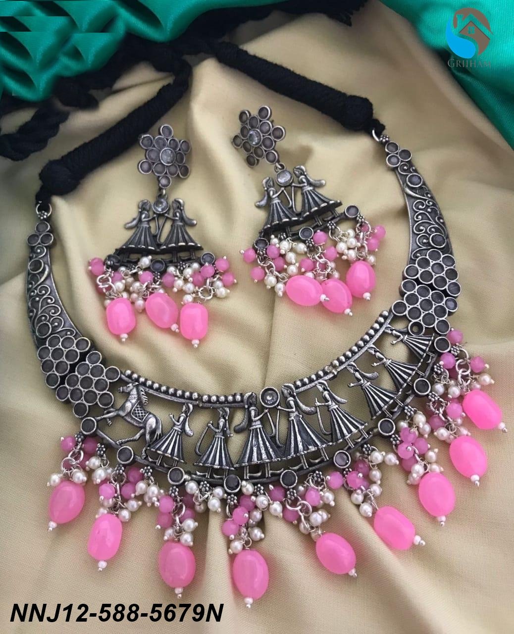 Silver Oxidised short Necklace set with Pink colour stones for all occasions 5679N