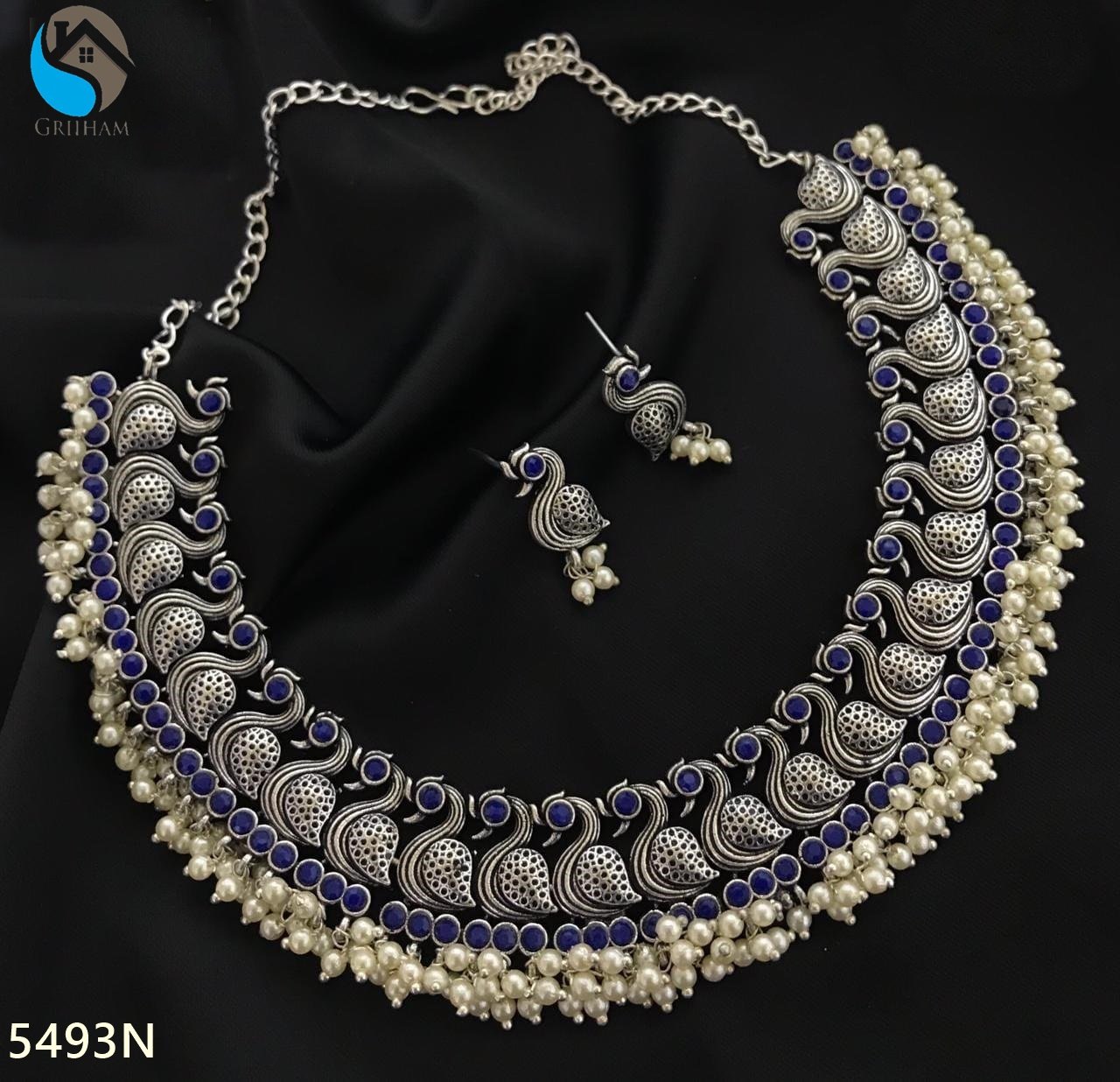Silver Oxidised short Peacock Necklace set with Blue colour stones and pearls drops 5493N