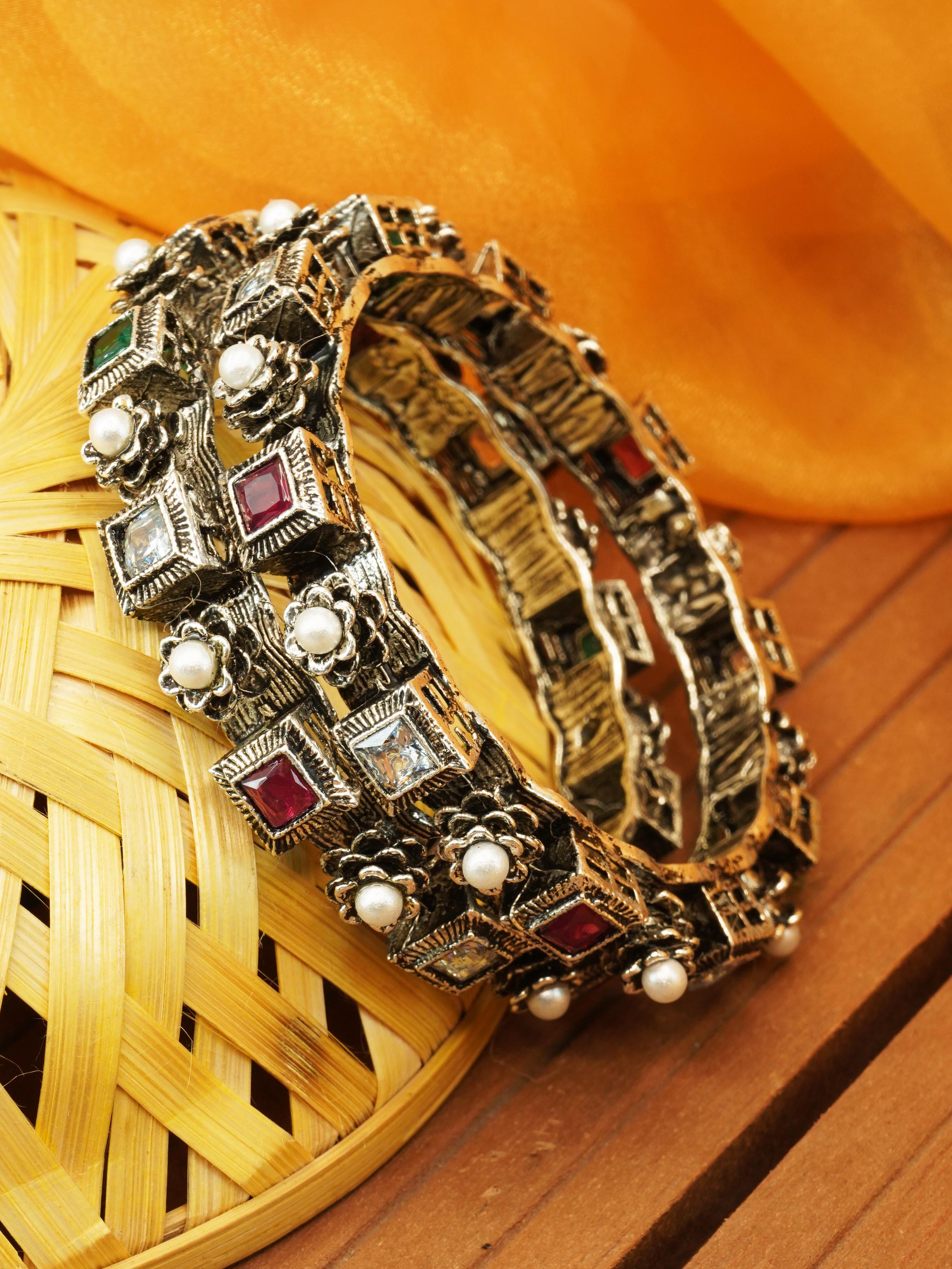 Silver Plated Set of 2 designer Bangles with colored stones 10278A