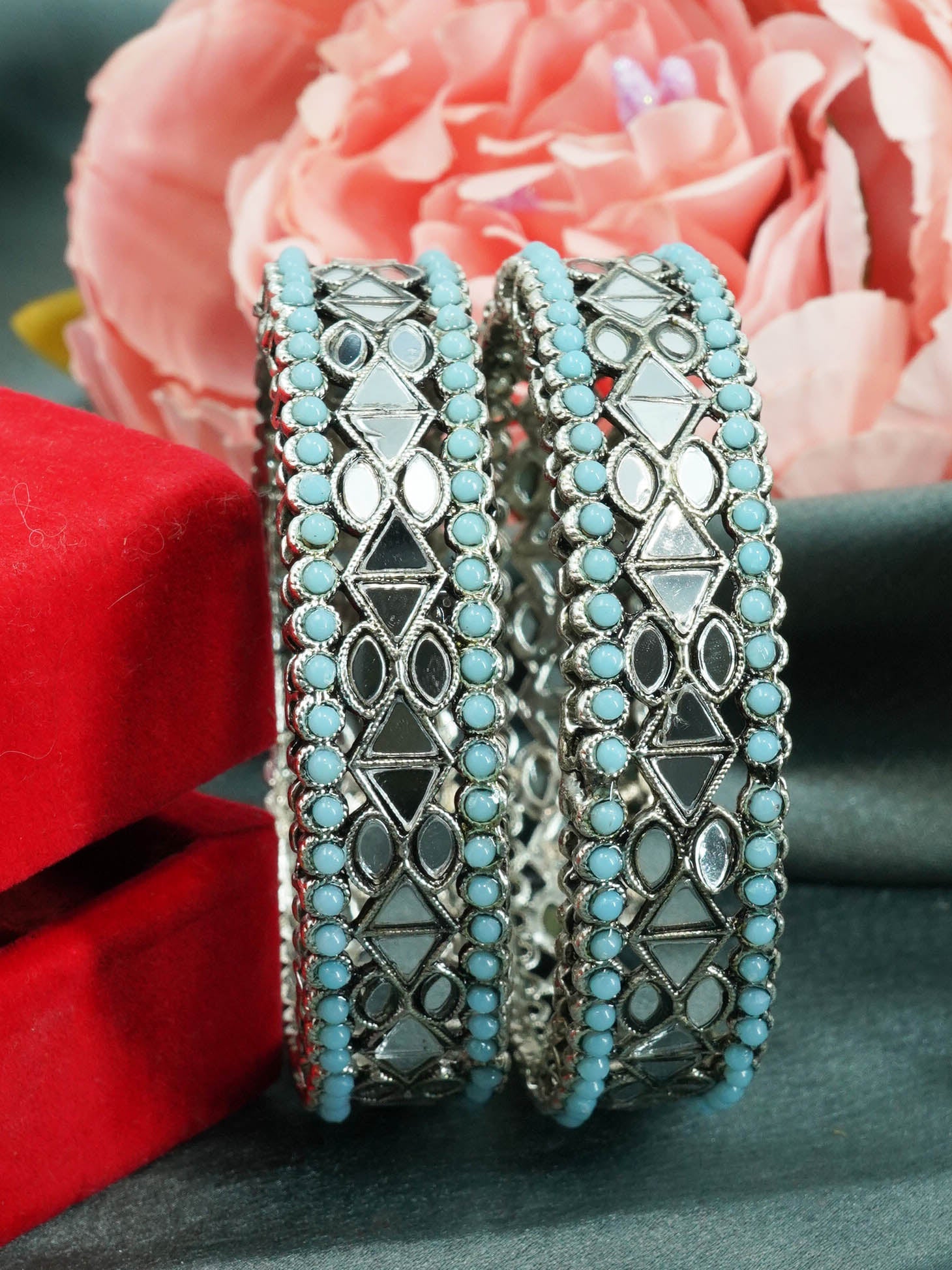 Silver Plated Set of 2 designer Bangles with mirror fitting Blue beads 10863C