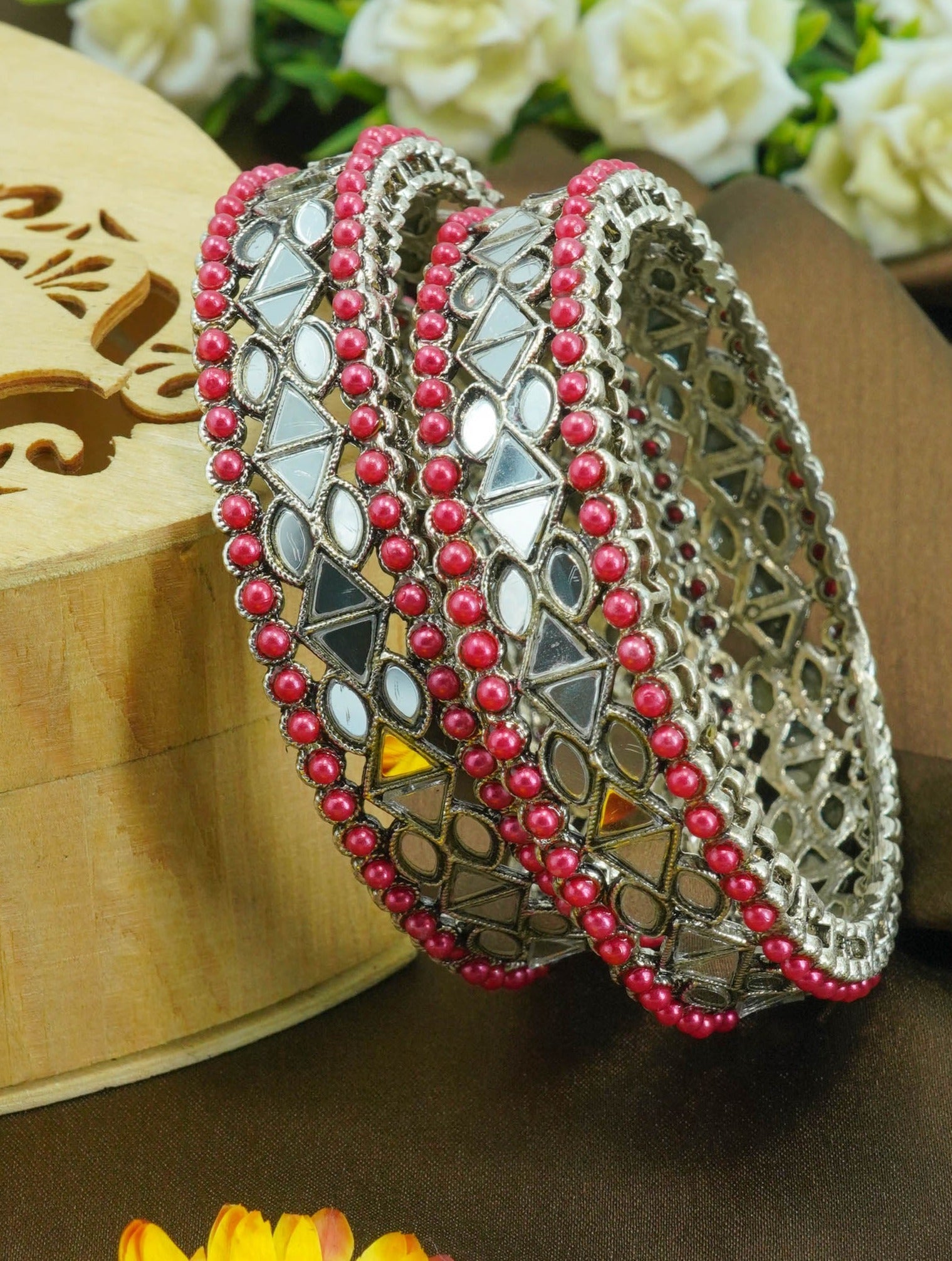 Silver Plated Set of 2 designer Bangles with mirror fitting Maroon beads 10881C
