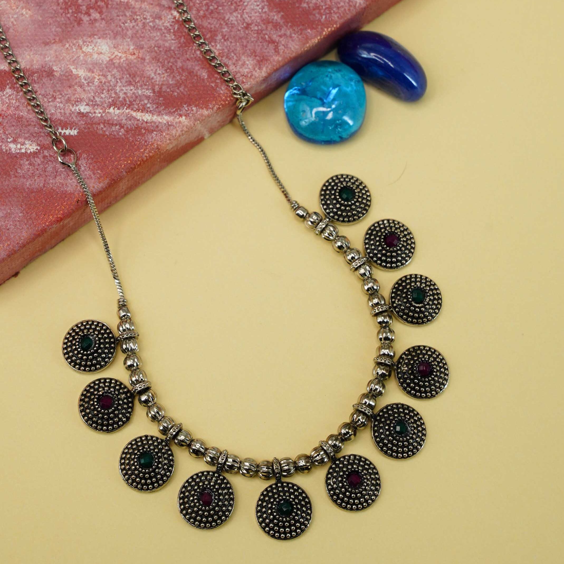 Silver Plated oxidised designer Necklace with Black Stones 9726N