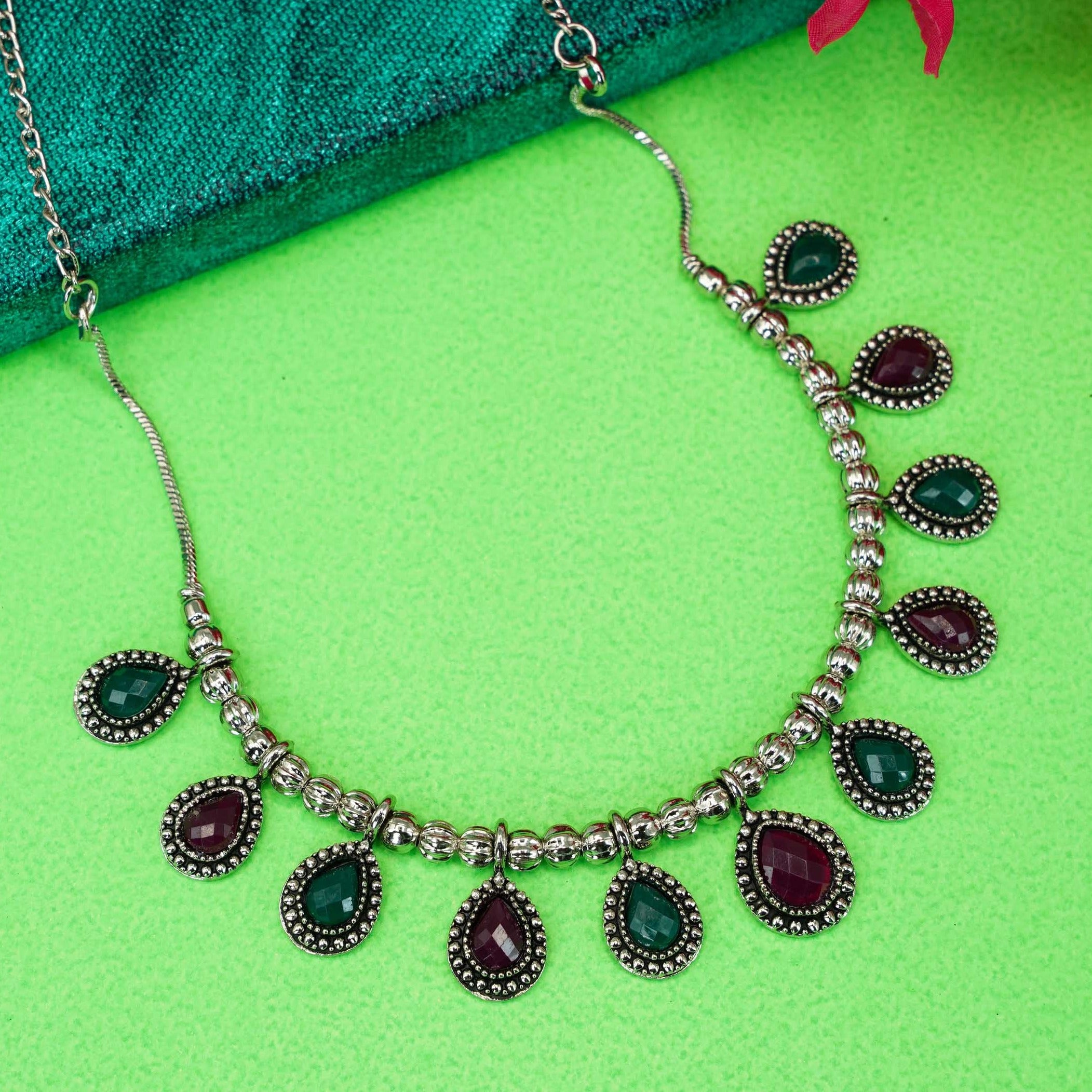 Silver Plated oxidised designer Necklace with Multi Color Stones 9725N