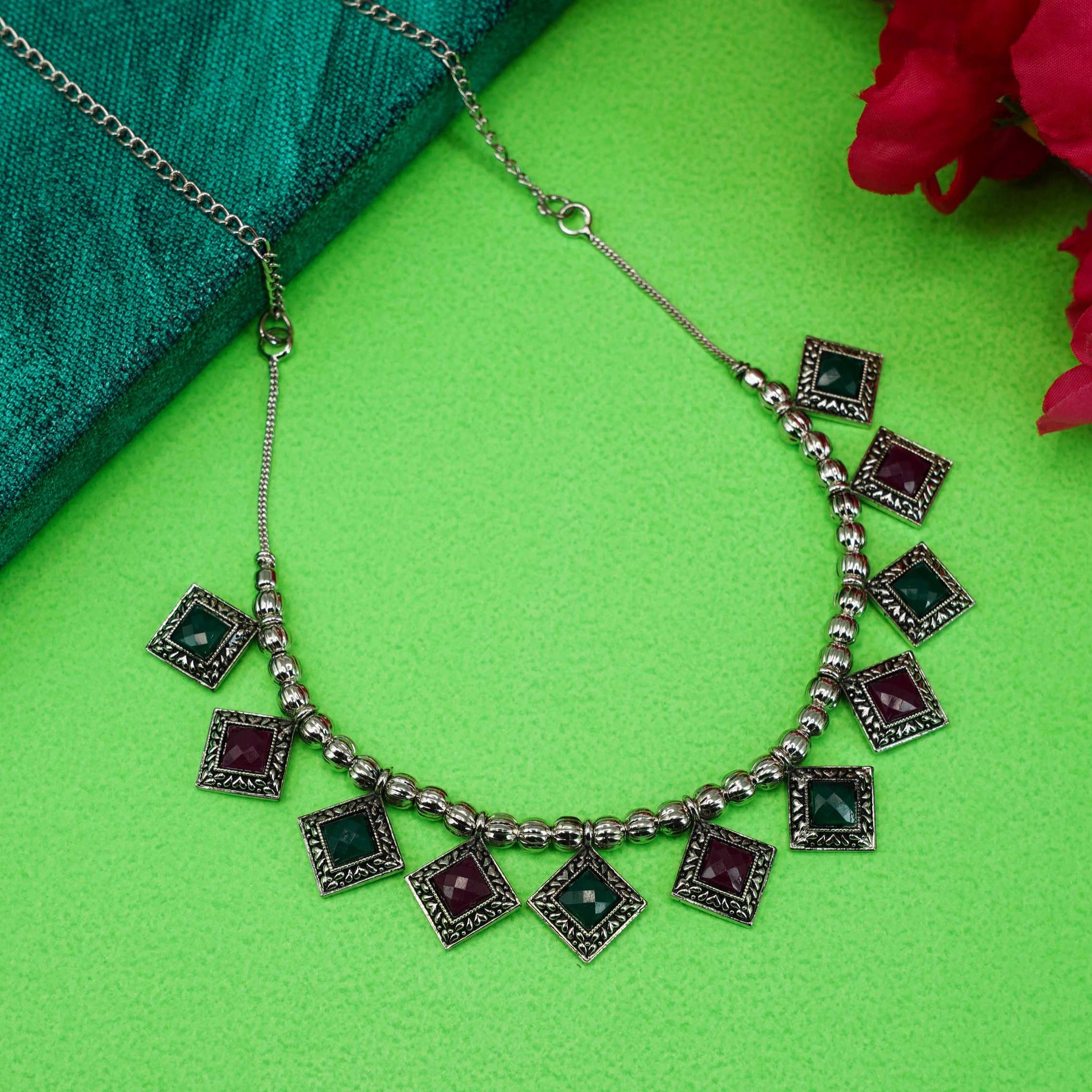 Silver Plated oxidised designer Necklace with Stones 9727N