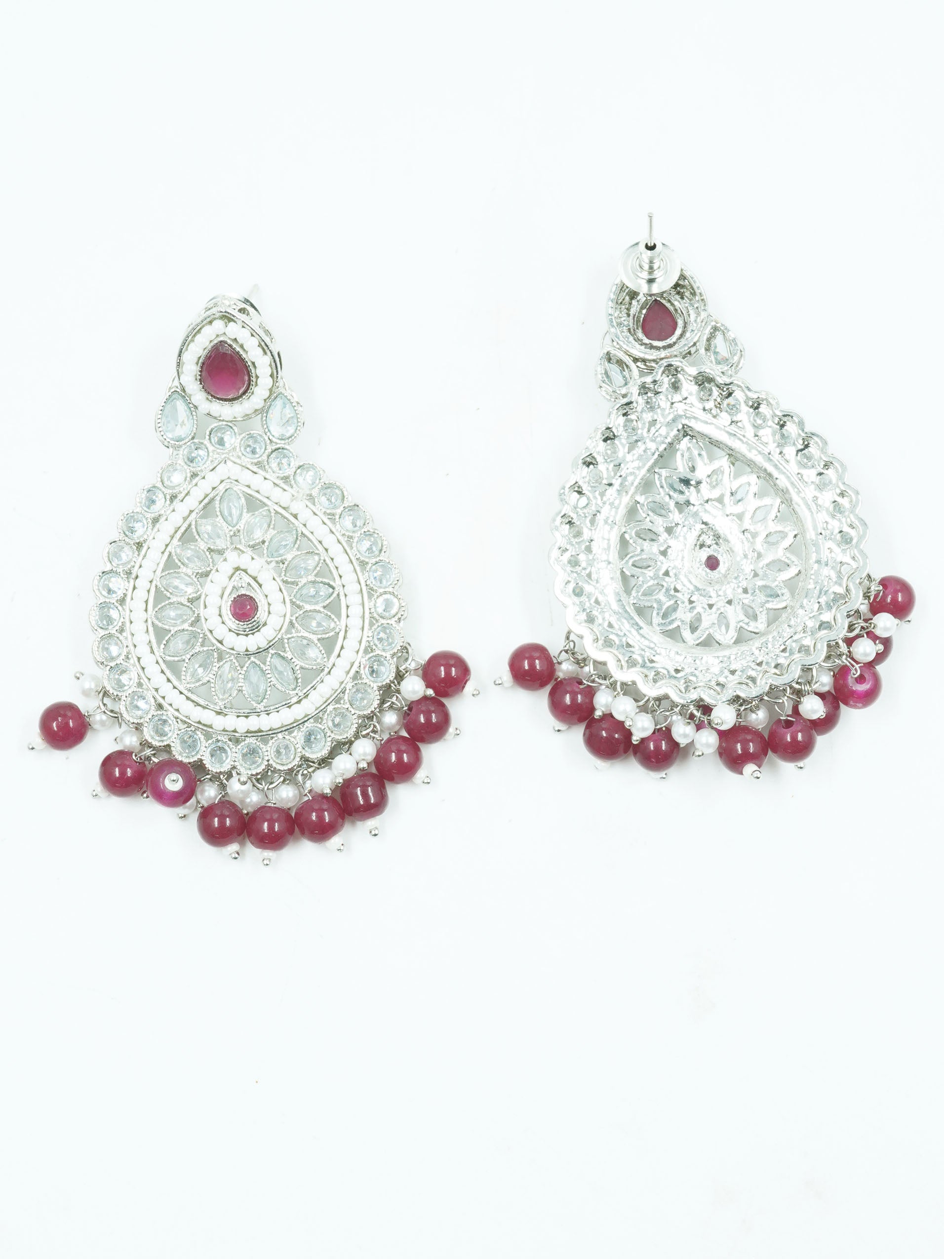 Silver finish Earring/jhumka/Dangler studded with Mirror Stones with Mang Tikka and Maroon Color Drops 11820N