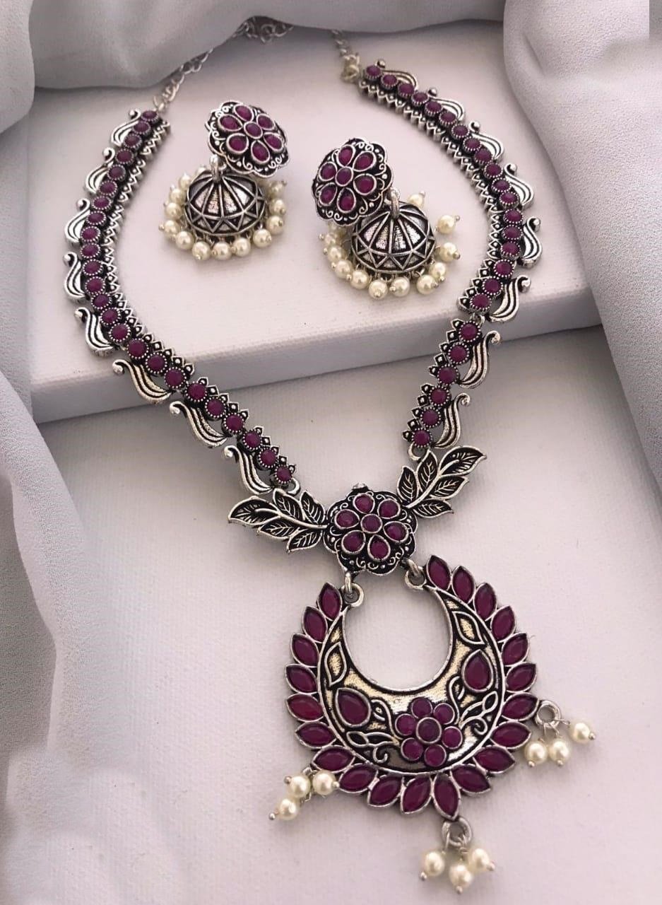 Silver oxidised Multicolor stone necklace set 5269n