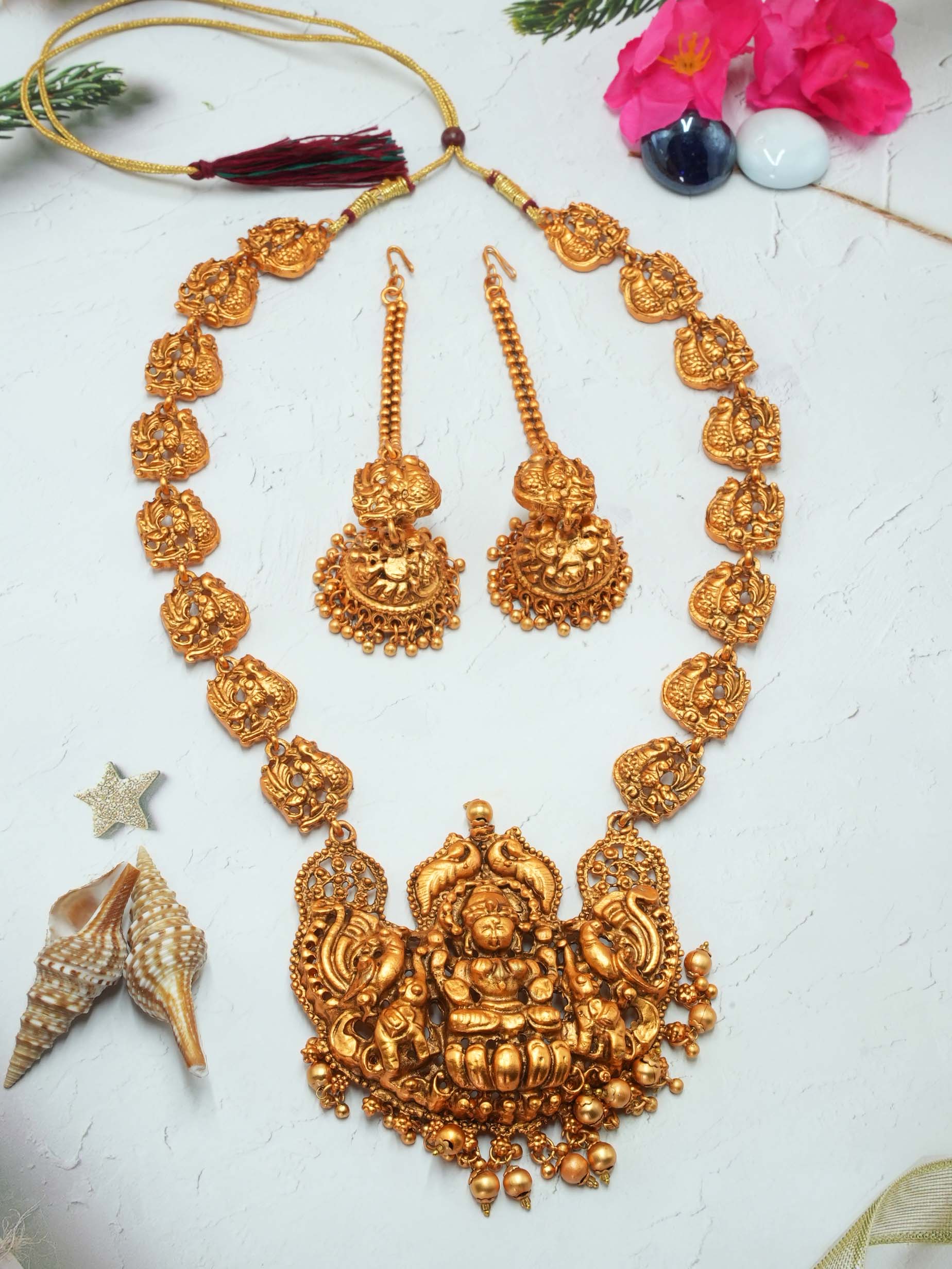 Temple Design Laxmi Motif Studded Premium Matt Polish Necklace set 22 inches Long NEcklace, /Haram/Aaram NSN07-490-4547N