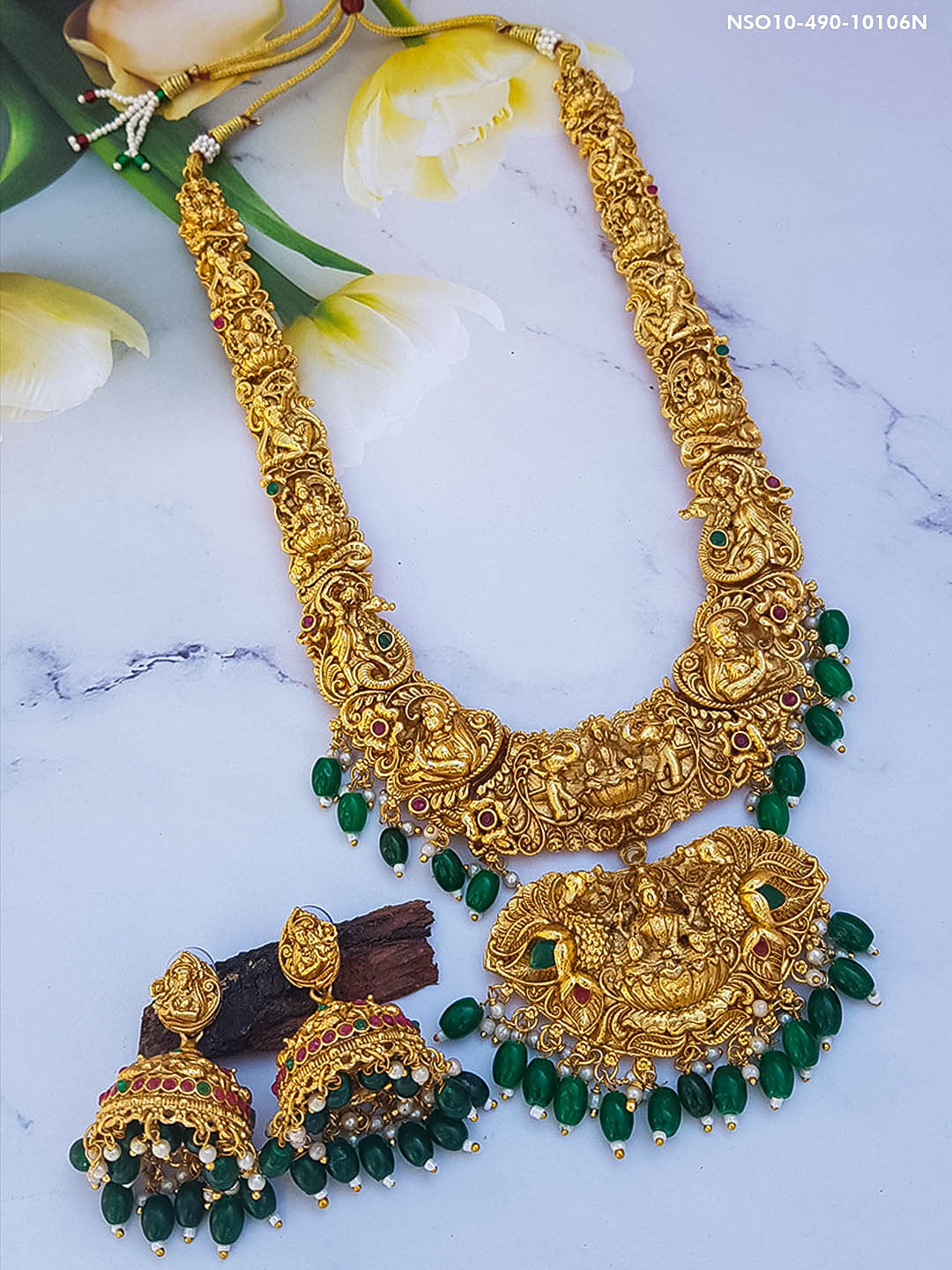 Temple Necklace with Green beads hanging Exclusive Designer Long Necklace 10106N