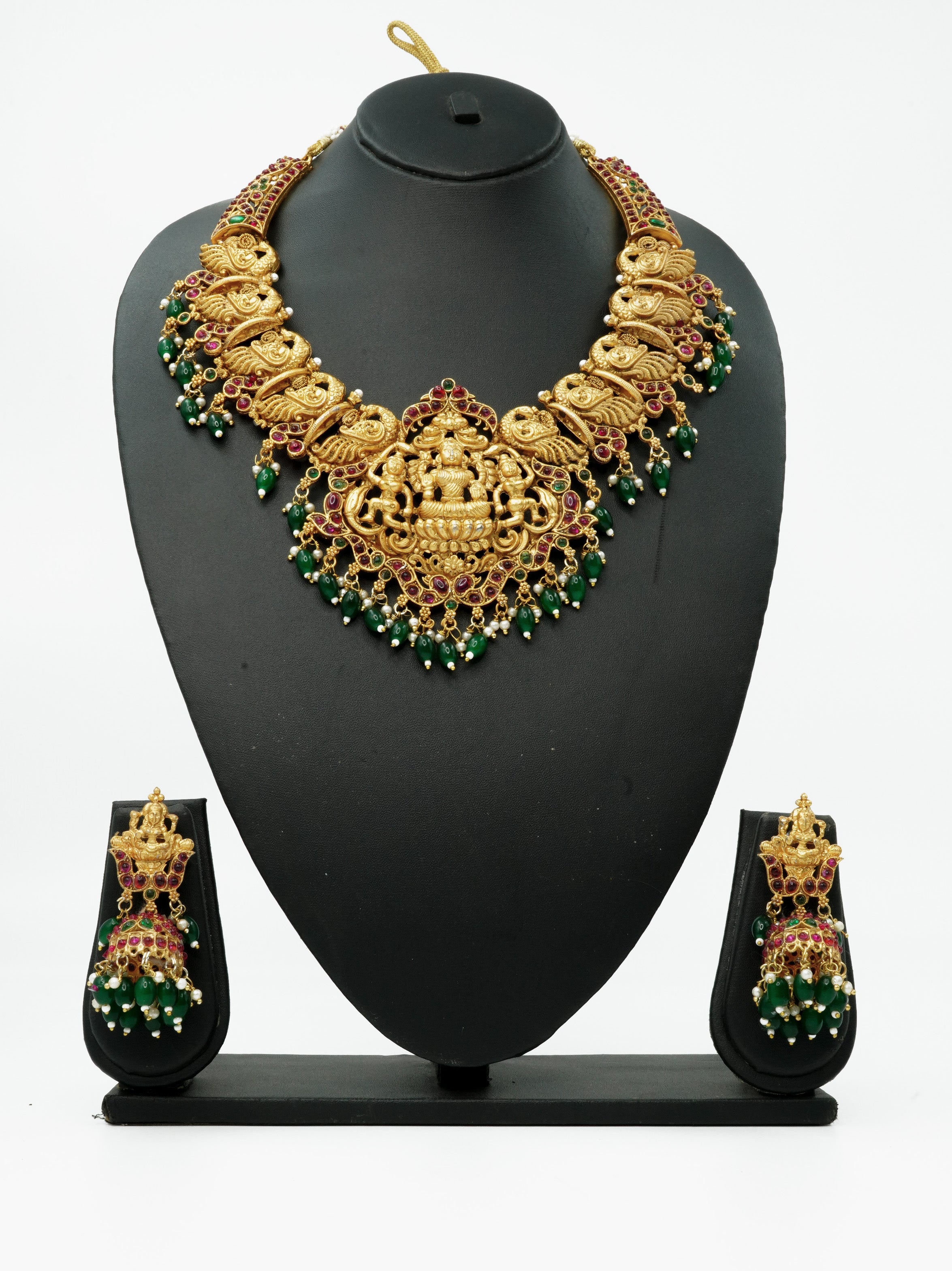 Temple design Necklace with green beads hanging Exclusive Designer Necklace 10107N